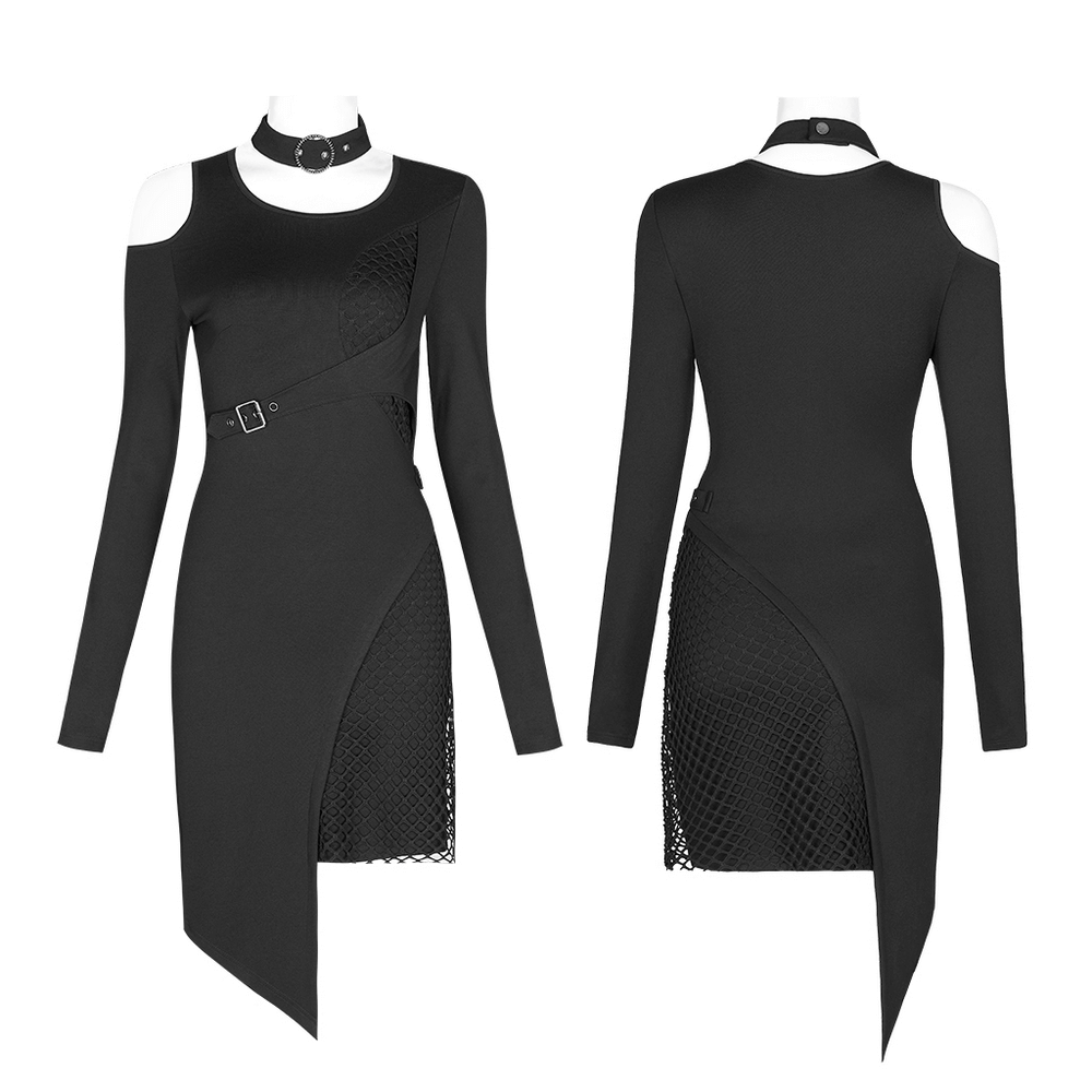 Asymmetric Mesh Insert Punk Dress with Removable Collar - HARD'N'HEAVY