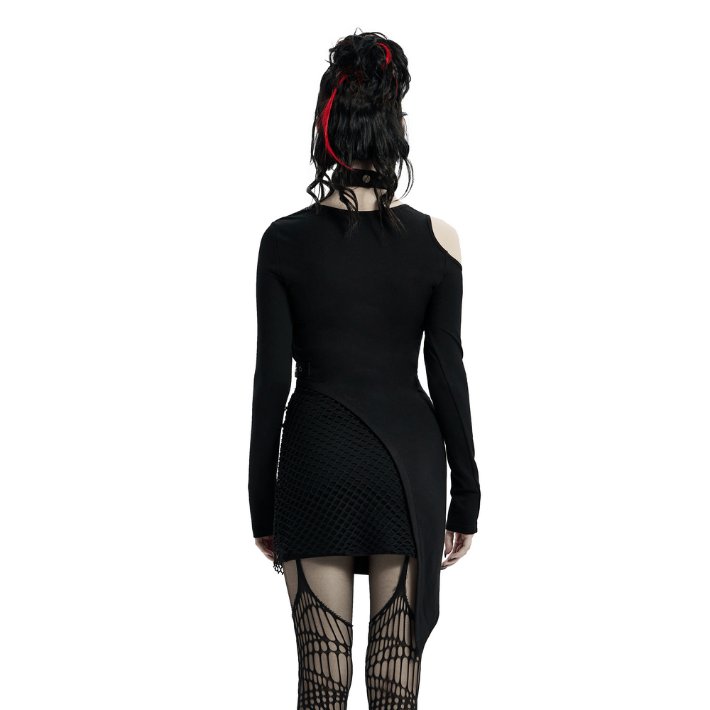 Asymmetric Mesh Insert Punk Dress with Removable Collar - HARD'N'HEAVY