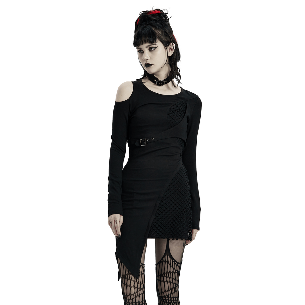 Asymmetric Mesh Insert Punk Dress with Removable Collar - HARD'N'HEAVY