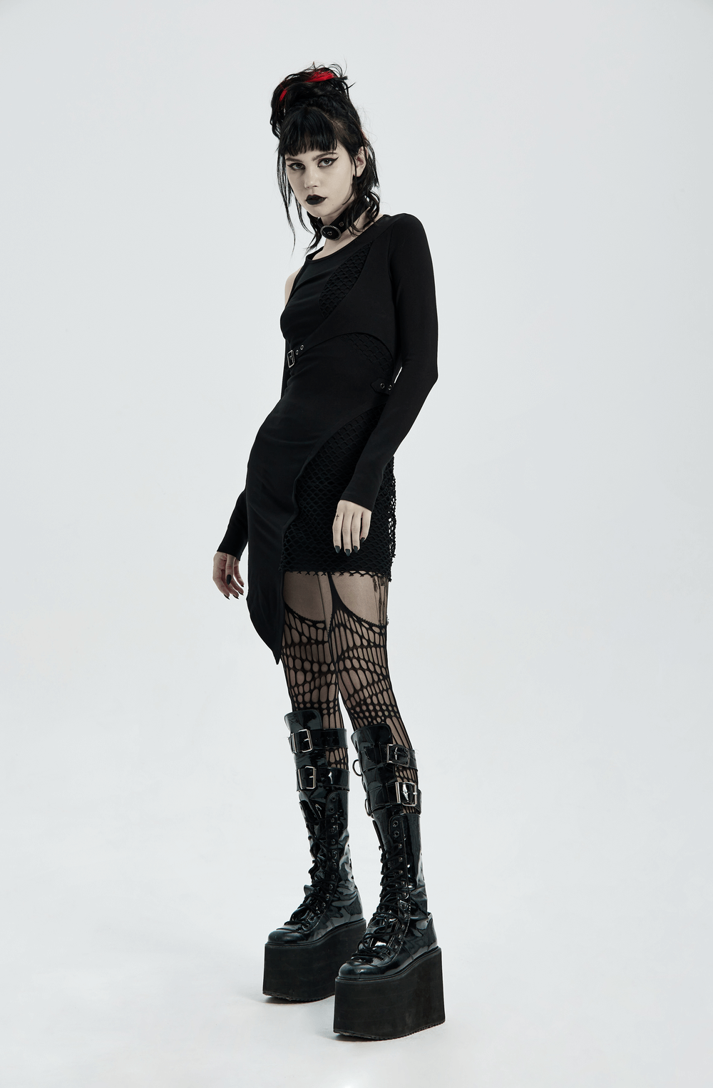 Asymmetric Mesh Insert Punk Dress with Removable Collar - HARD'N'HEAVY