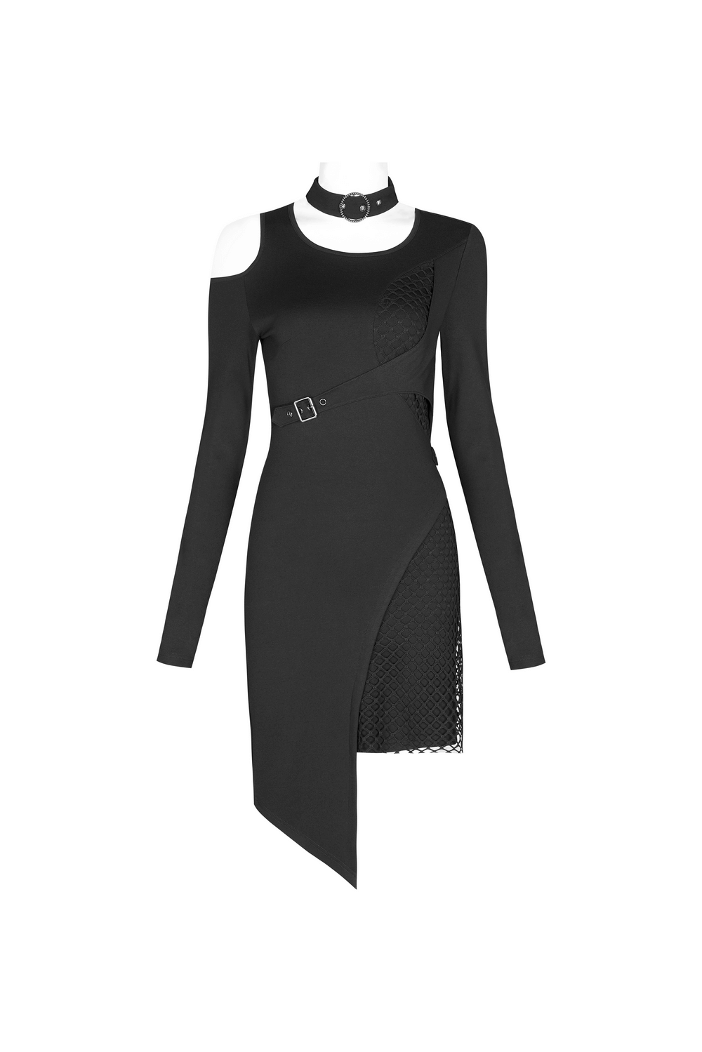 Asymmetric Mesh Insert Punk Dress with Removable Collar - HARD'N'HEAVY