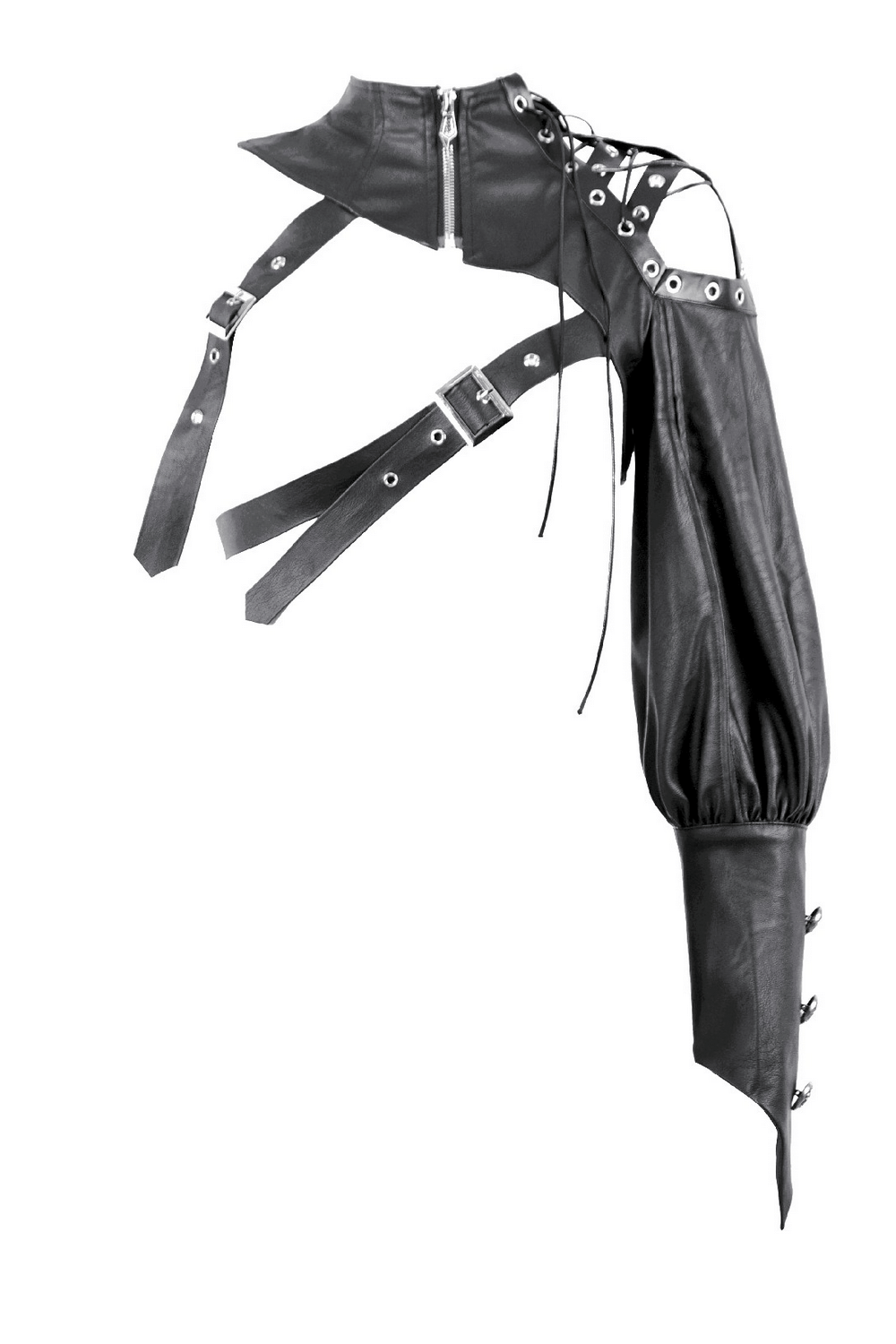 Asymmetric Punk Leather Shoulder Cape with Strap Detailing showcasing edgy style and unique design elements.