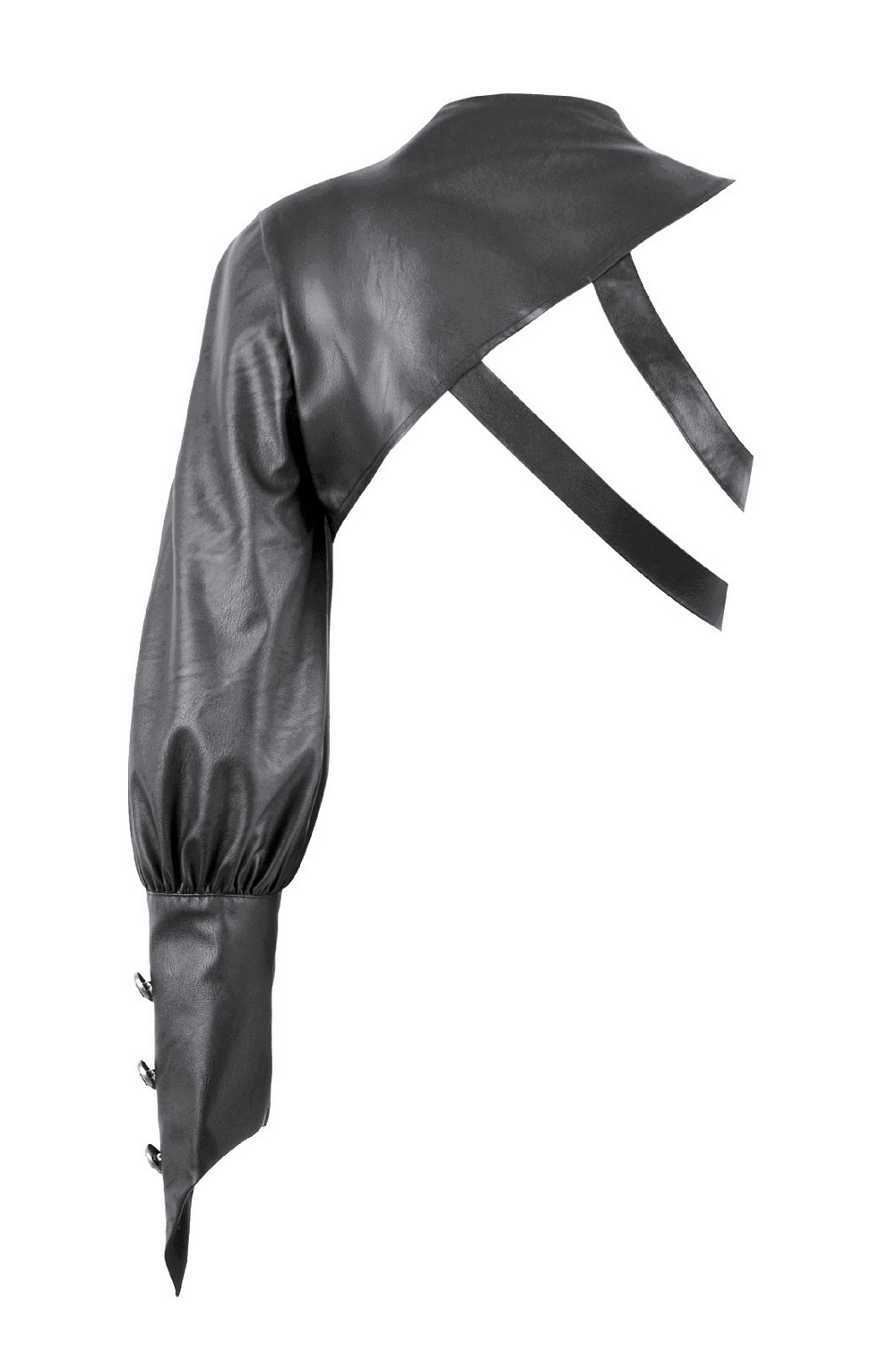 Asymmetric Punk Leather Shoulder Cape with Strap Detailing featuring metal eyelets and zip closure for edgy fashion.