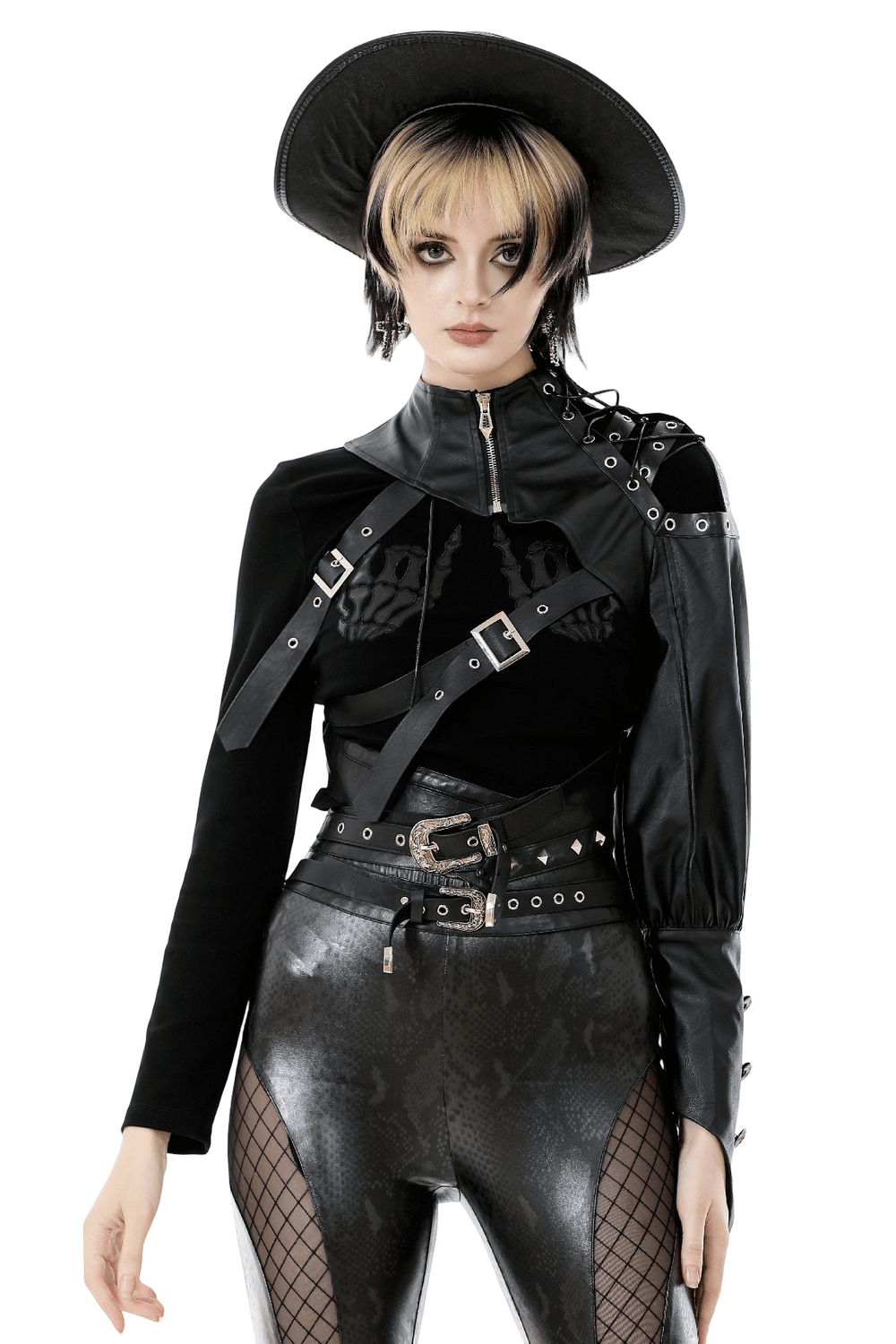 Asymmetric Punk Leather Shoulder Cape with Strap Detailing worn by a model with edgy fashion style.