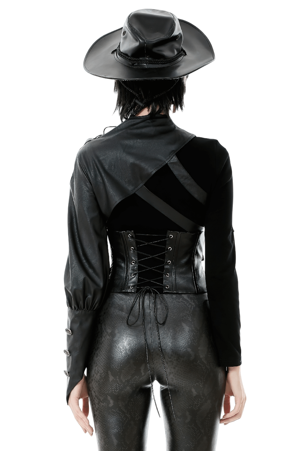 Asymmetric Punk Leather Shoulder Cape with Strap Detailing worn with a stylish hat, showcasing its unique back design.