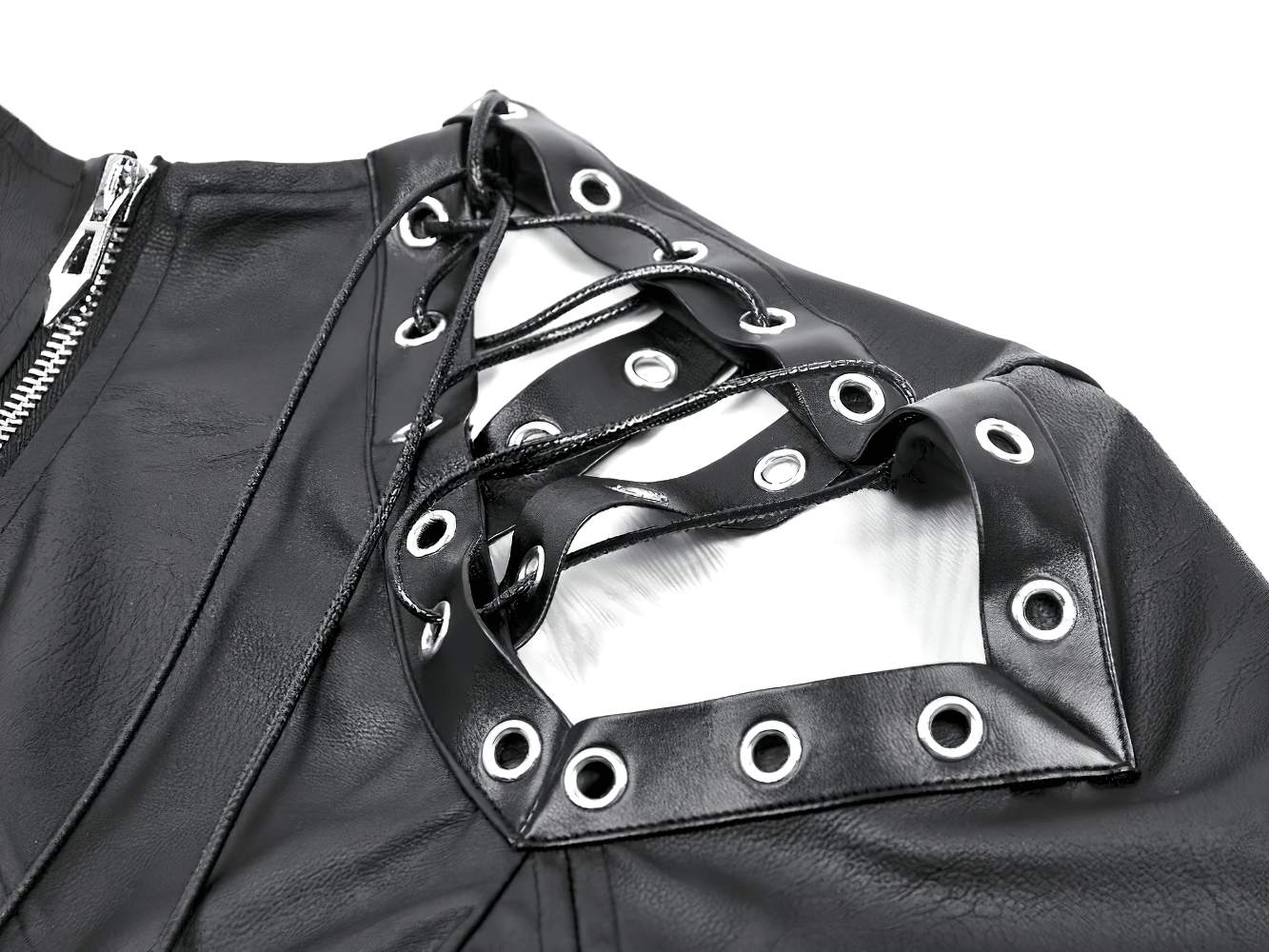 Asymmetric Punk Leather Shoulder Cape with Strap Detailing featuring metal eyelets and strap detailing.