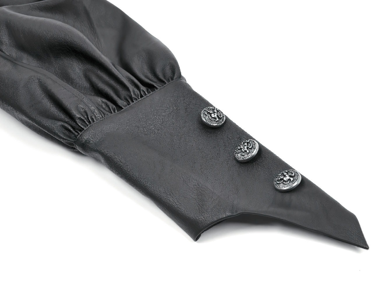 Asymmetric Punk Leather Shoulder Cape with Strap Detailing close-up of cuff with metal buttons detailing.