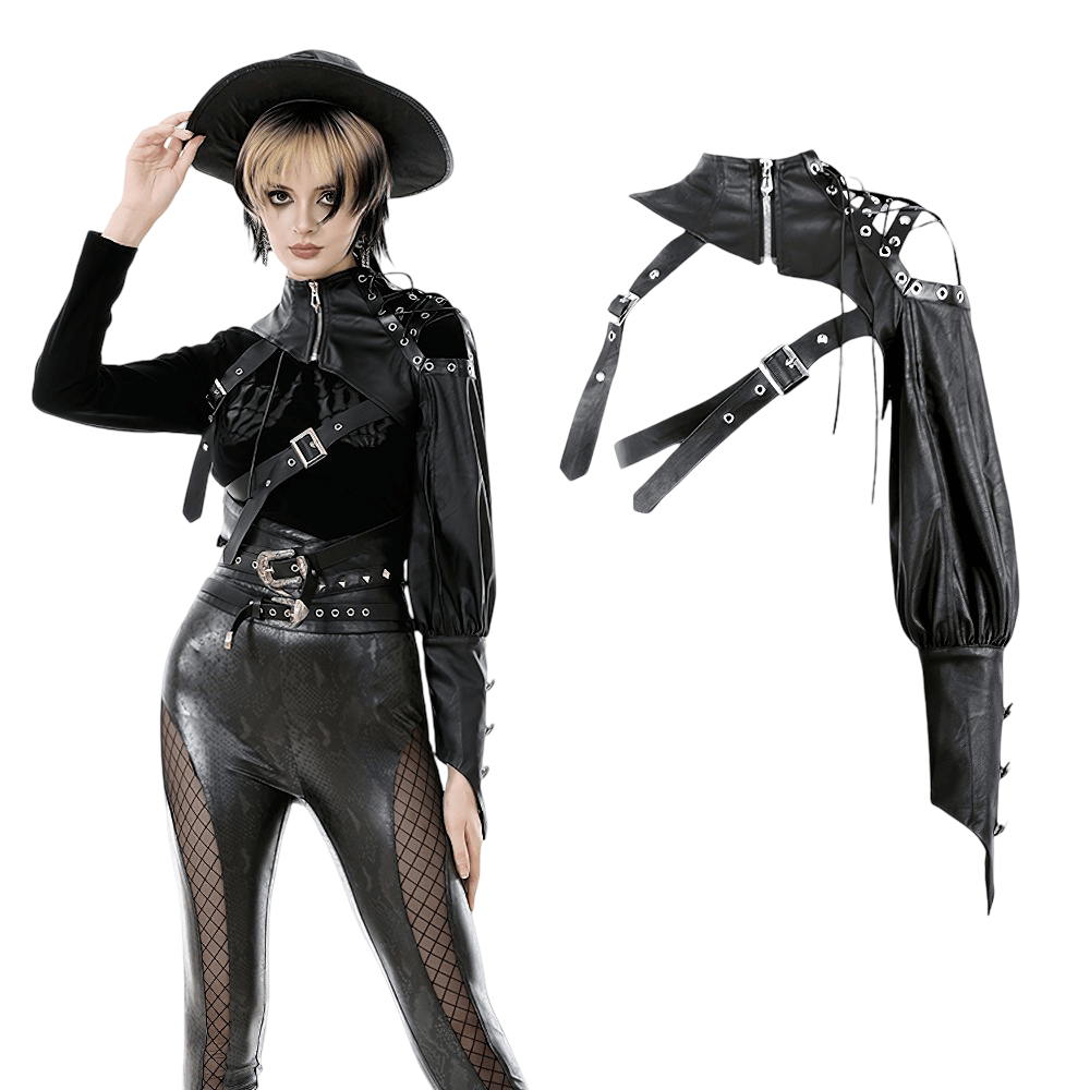 Asymmetric Punk Leather Shoulder Cape with Strap Detailing displayed on model showcasing its edgy style and metal details.