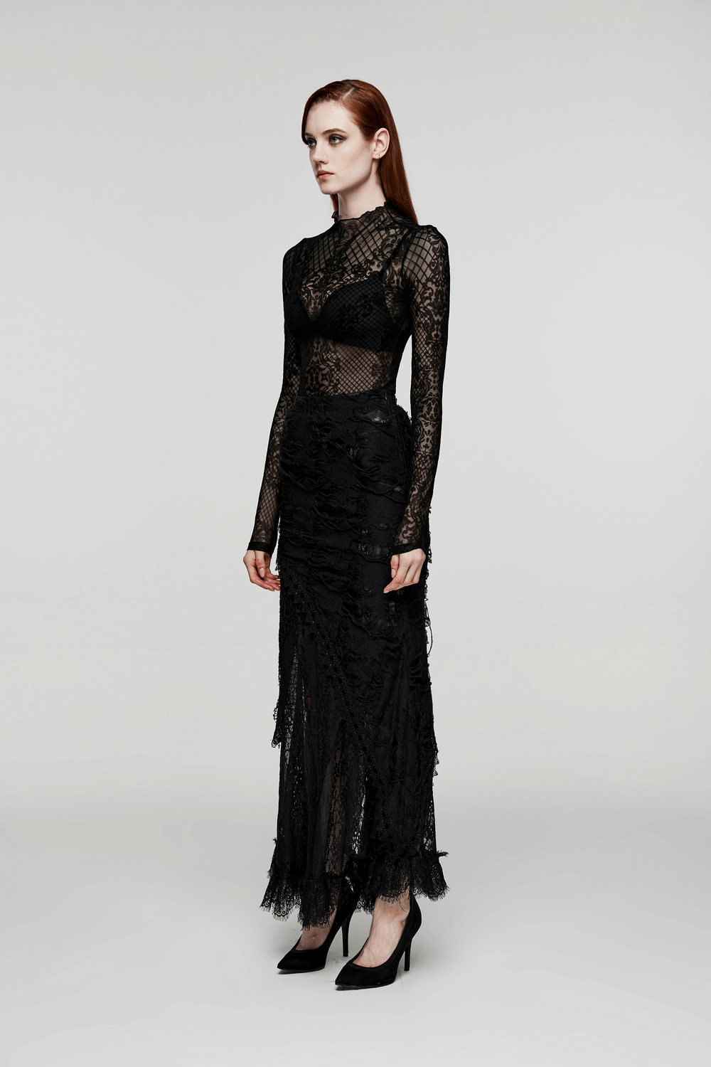 Asymmetric Ripped Mesh and Lace Long Skirt for Women