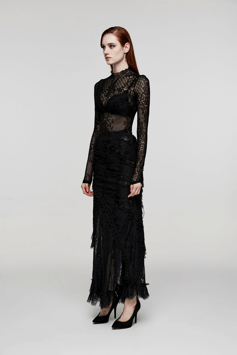 Gothic chic asymmetric ripped mesh lace long skirt for women, showcasing a dark romantic style.