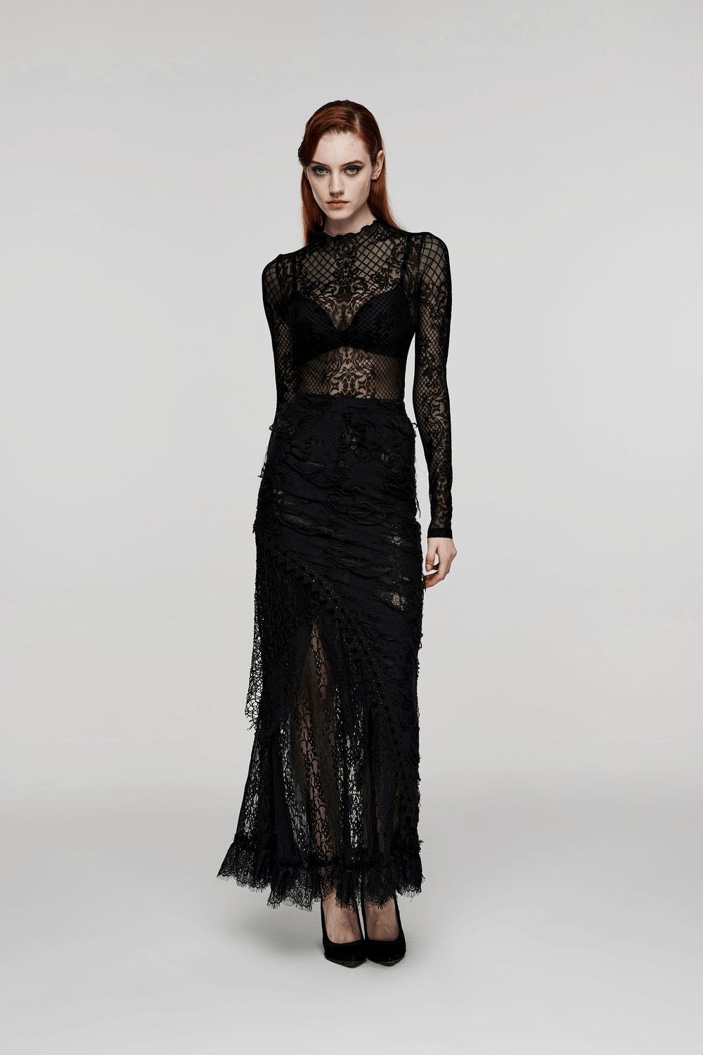 Asymmetric ripped mesh and lace long skirt for women, embodying Gothic chic style and punk rave fashion.