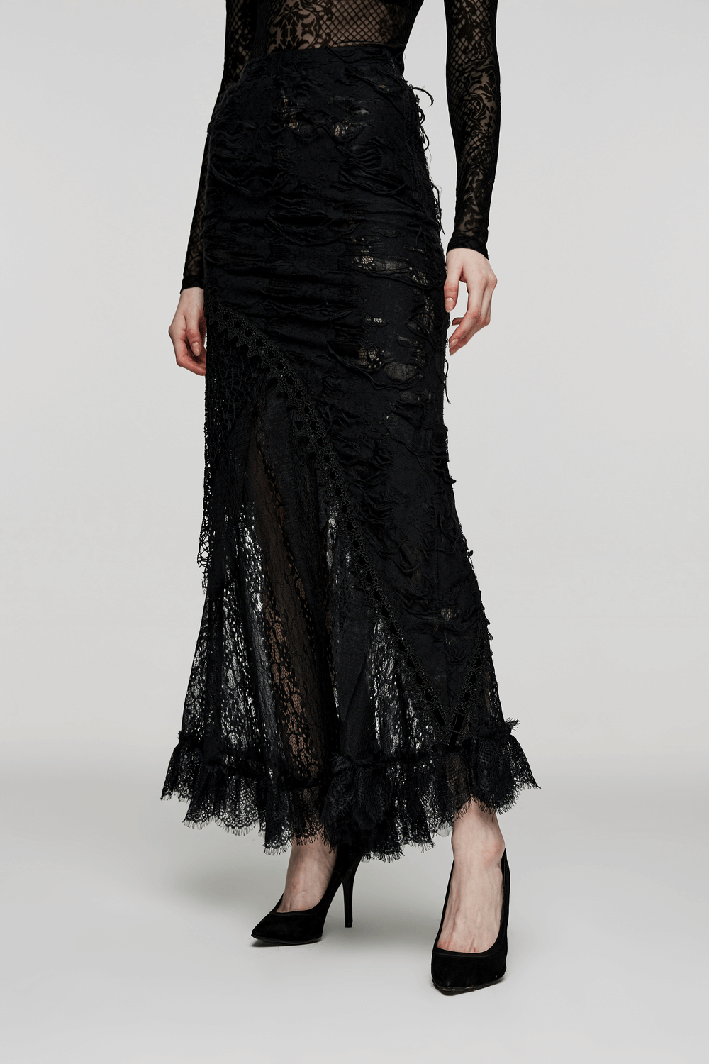 Asymmetric ripped mesh and lace long skirt for women, adding gothic chic style with a sexy flair.