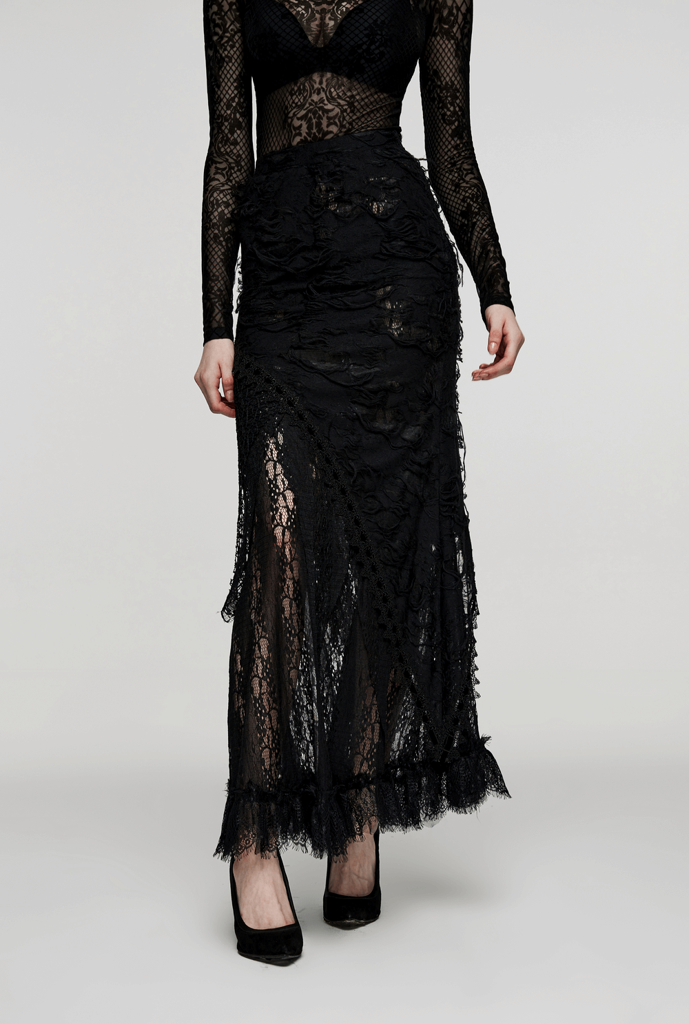 Gothic chic asymmetric ripped mesh and lace long skirt for women, perfect for a punk rave look.