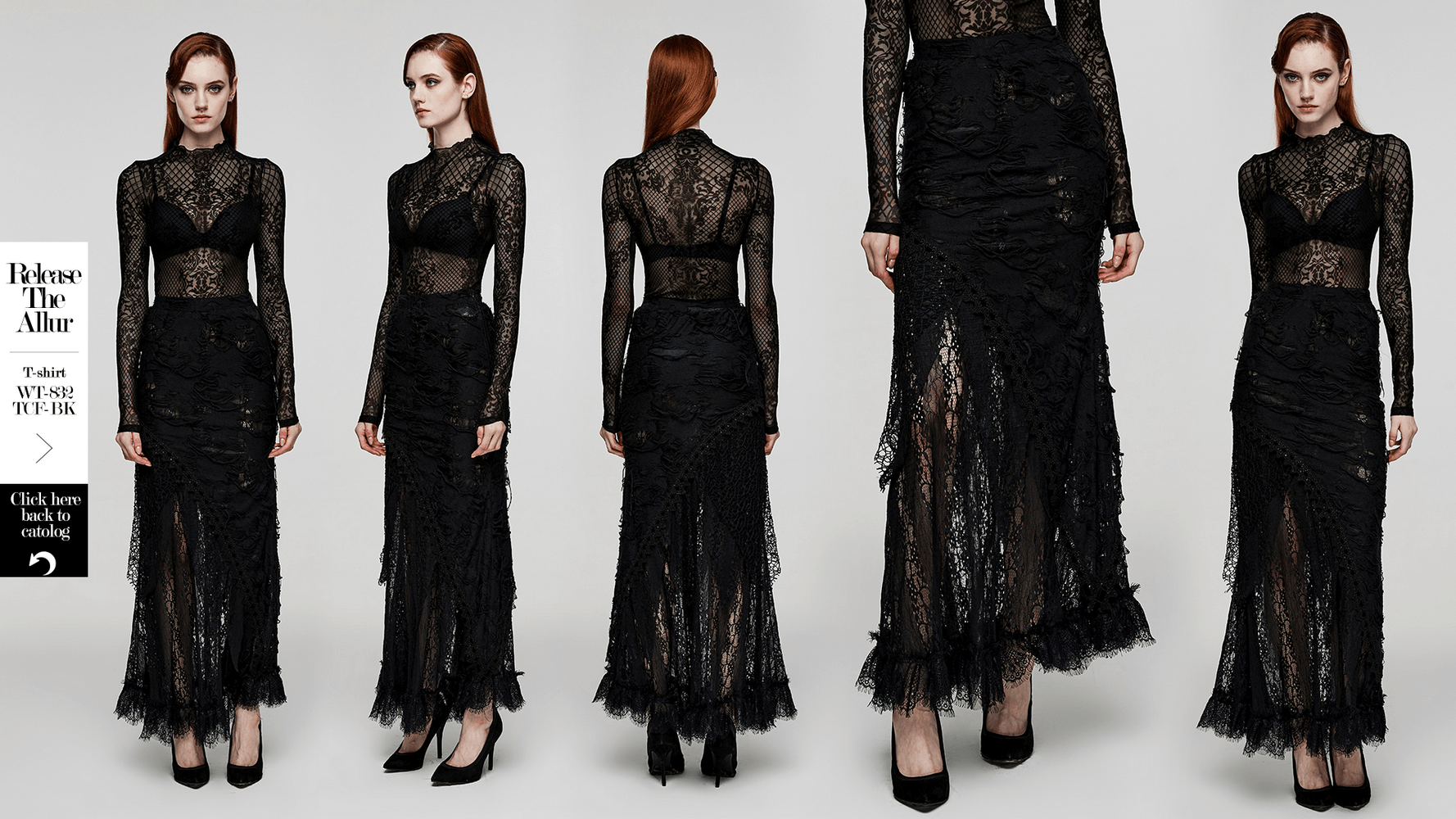 Asymmetric ripped mesh and lace long skirt for women in gothic chic style, perfect for a punk rave look.