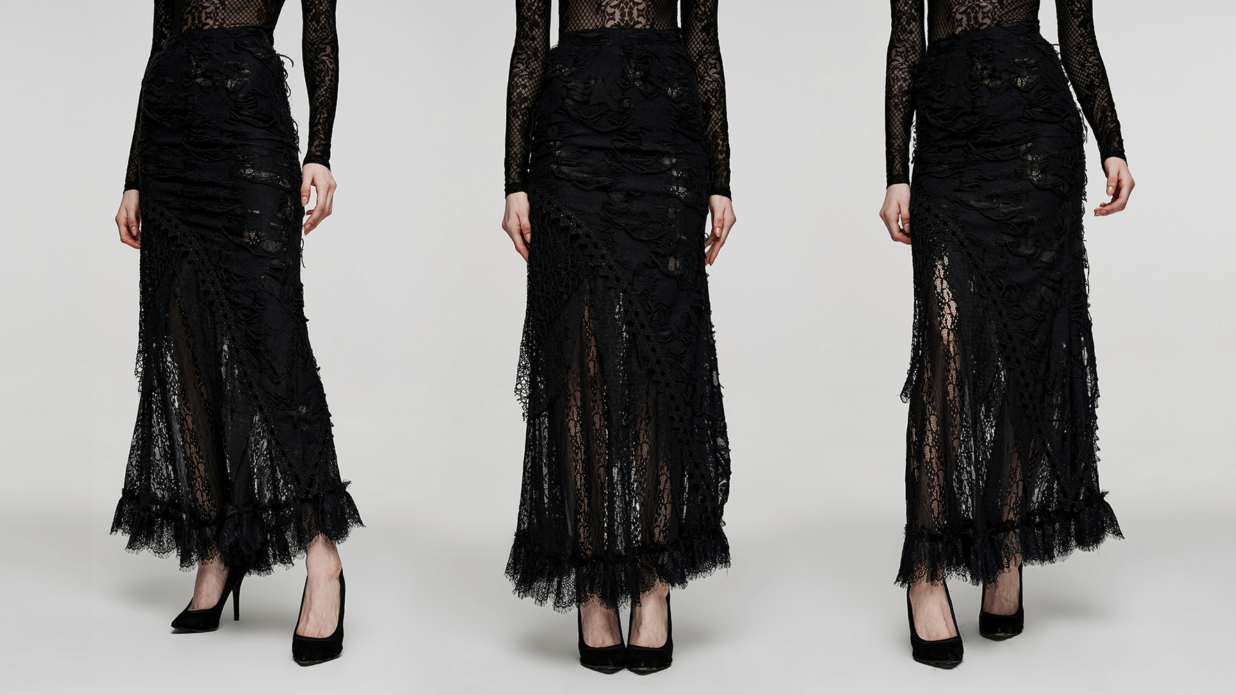 Asymmetric ripped mesh and lace long skirt for women, perfect for Gothic chic style with a stunning black design.