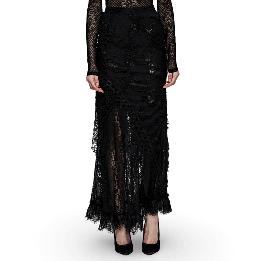 Asymmetric ripped mesh and lace long skirt for women, perfect for embracing gothic chic fashion.