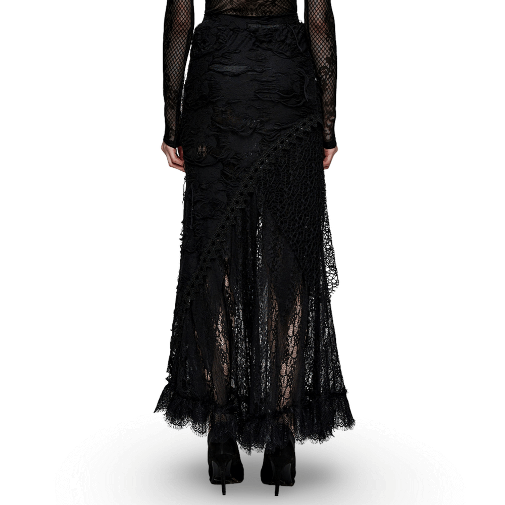 Back view of asymmetric ripped mesh and lace long skirt for women, showcasing Gothic style and punk aesthetics.