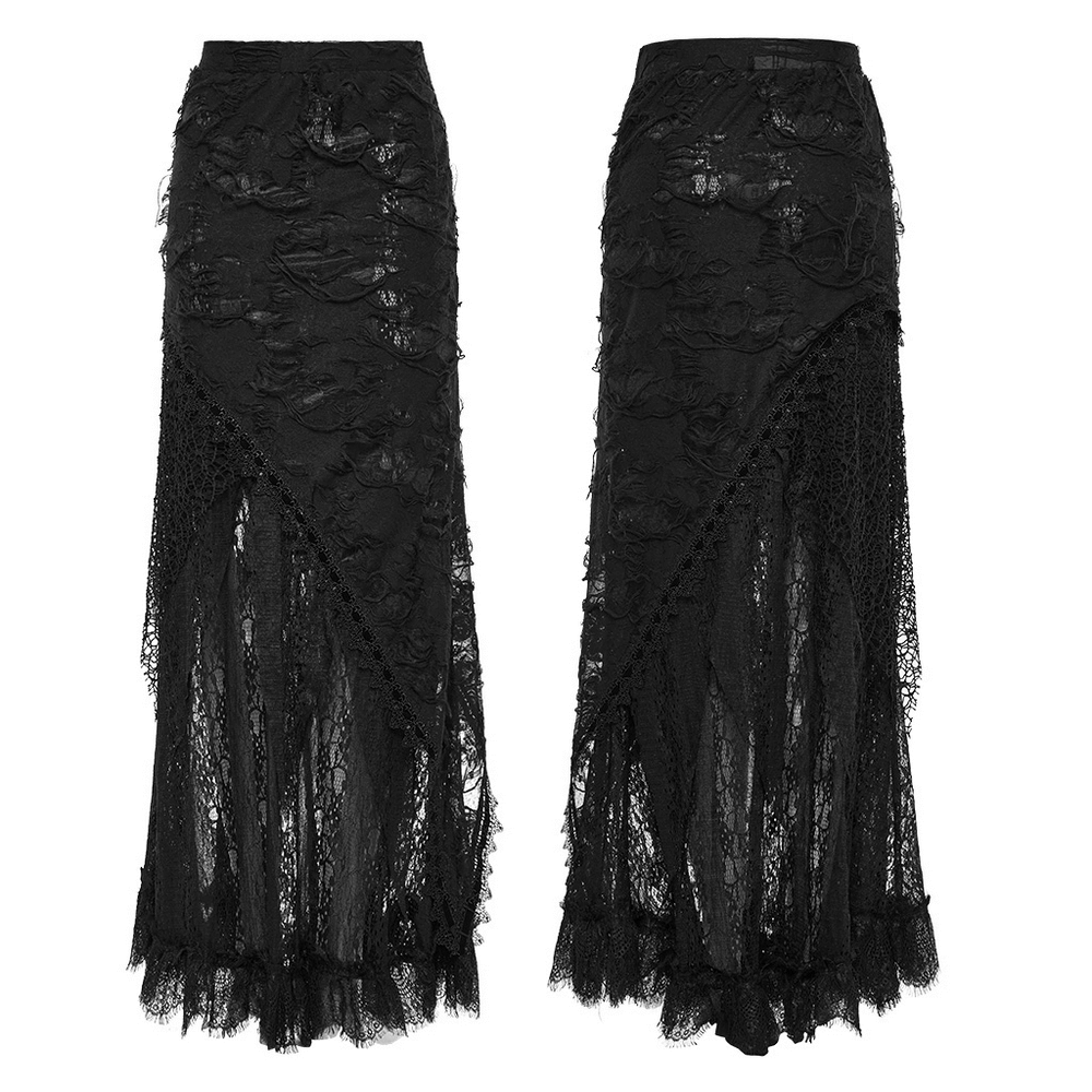 Asymmetric ripped mesh and lace long skirt for women, designed for a gothic chic look.