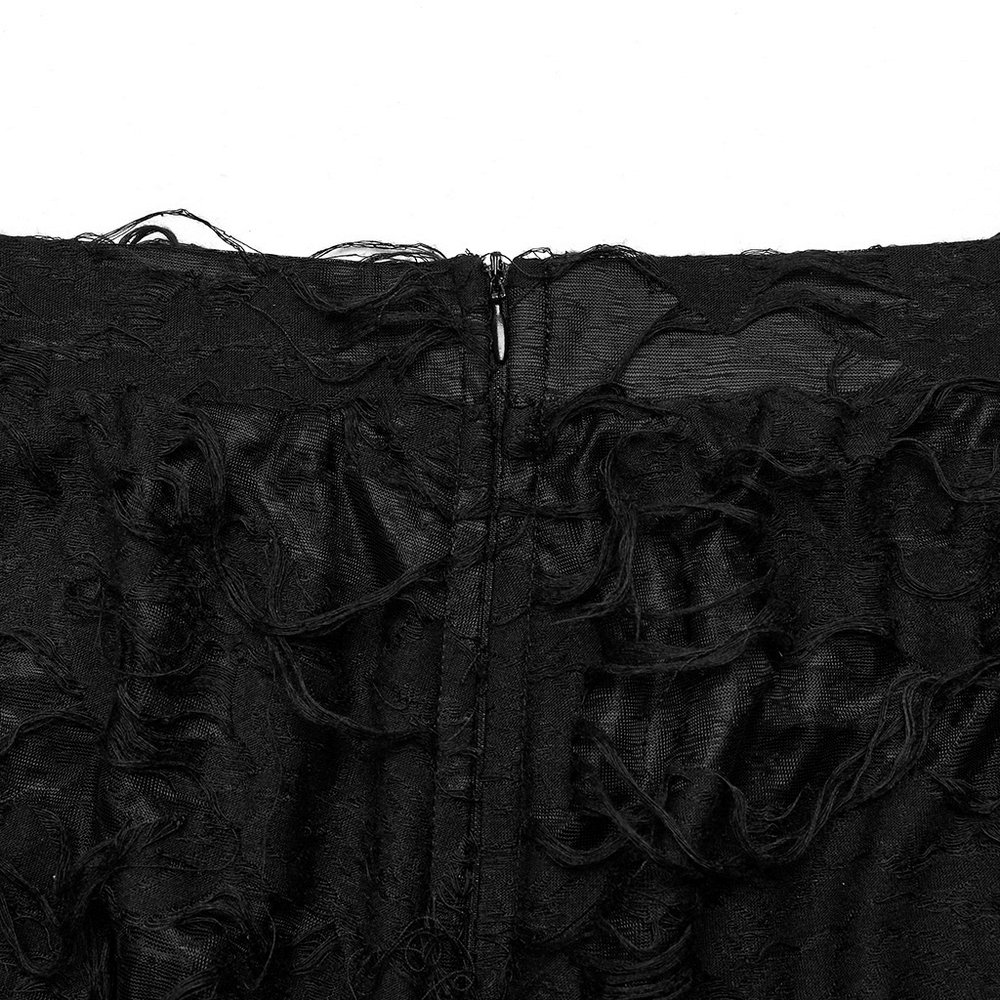Close-up of the back zipper detail on a Gothic mesh and lace long skirt for women.
