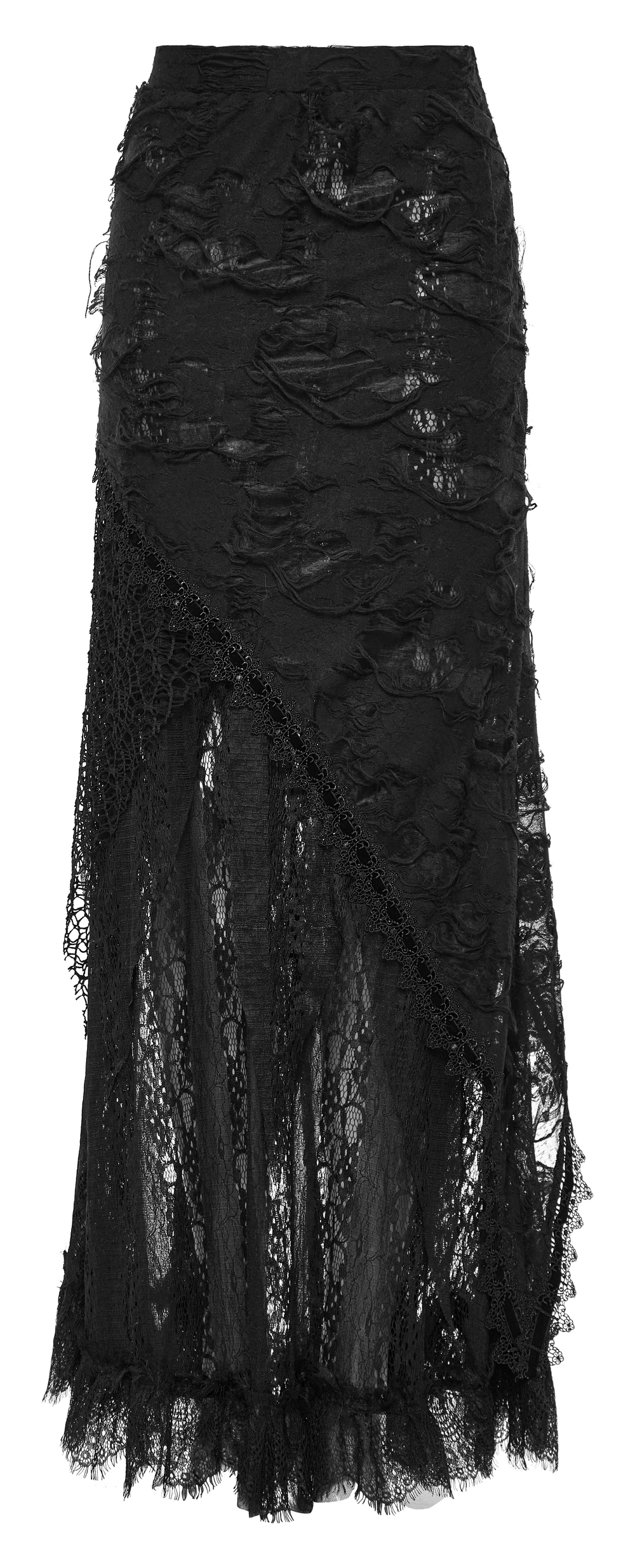 Asymmetric black ripped mesh and lace long skirt for women, embodying Gothic chic style and punk rave vibes.