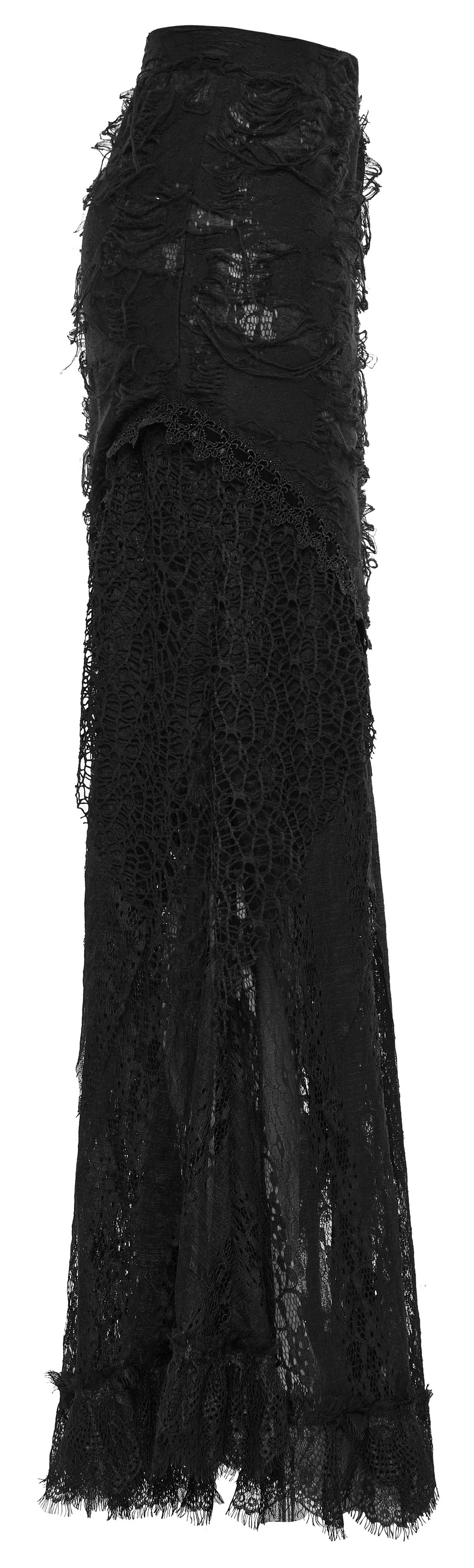 Asymmetric ripped mesh and lace long skirt for women, embracing Gothic chic style and dark romantic aesthetic.