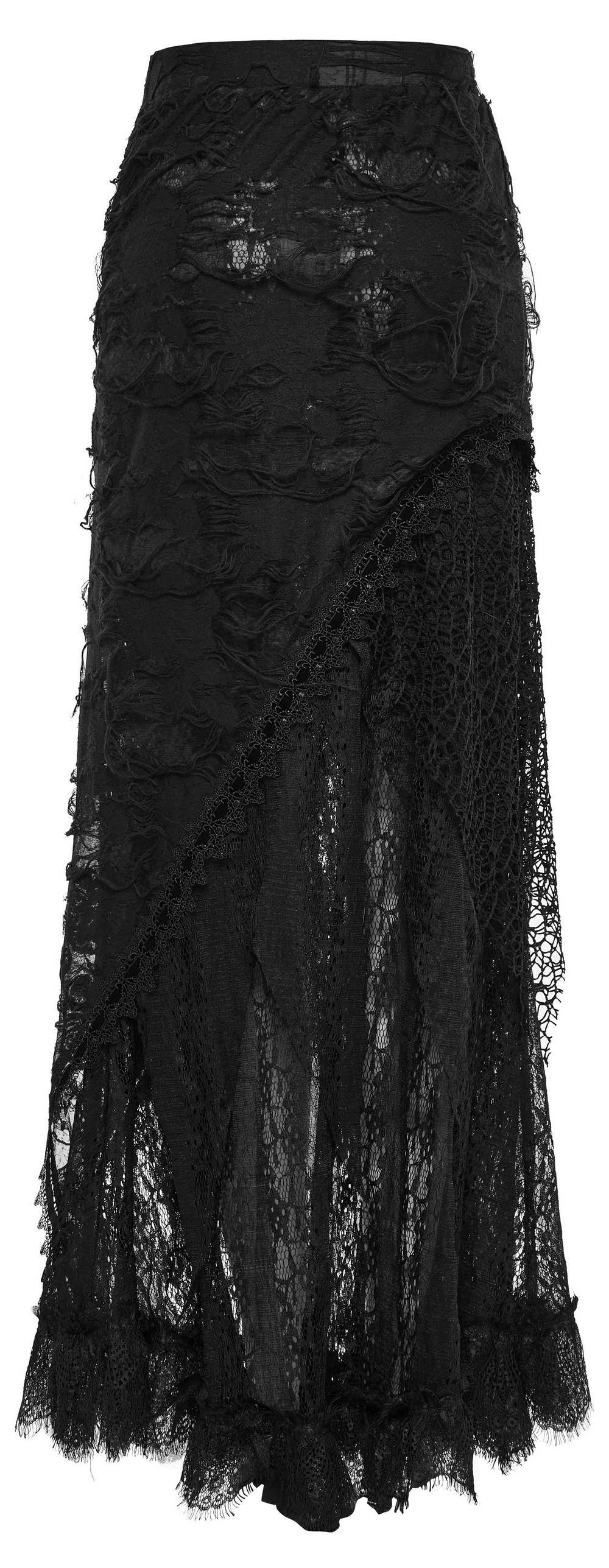 Asymmetric ripped mesh and lace long skirt for women, showcasing Gothic chic style and edgy elegance.