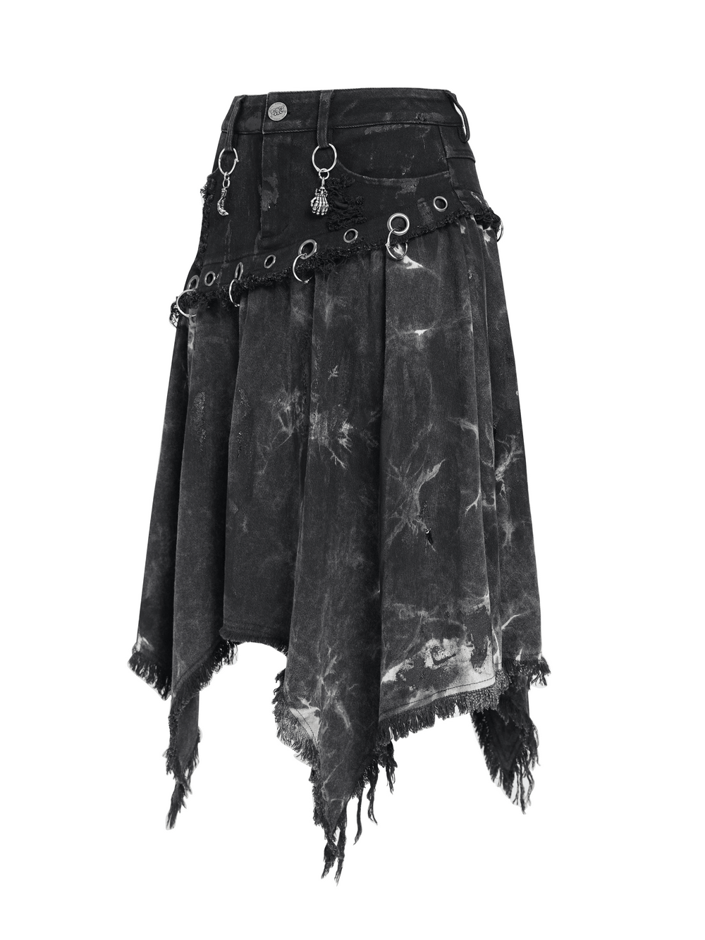 Asymmetric Skirt with Rings and Frayed Hem for Women, distressed gothic punk style with pleats and metal charms