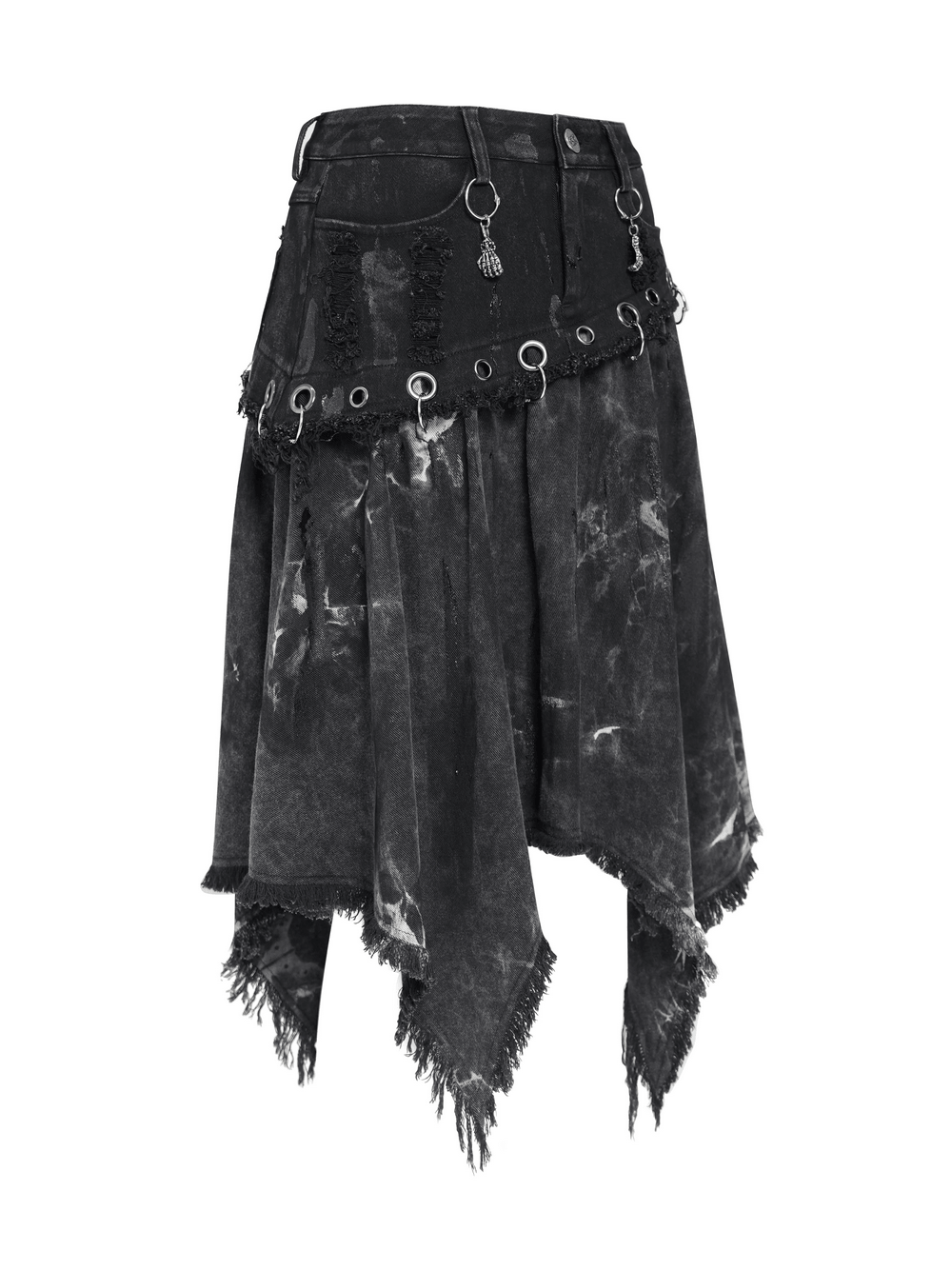 Asymmetric Skirt with Rings and Frayed Hem for Women, distressed black punk goth skirt with metal rings and handkerchief hem