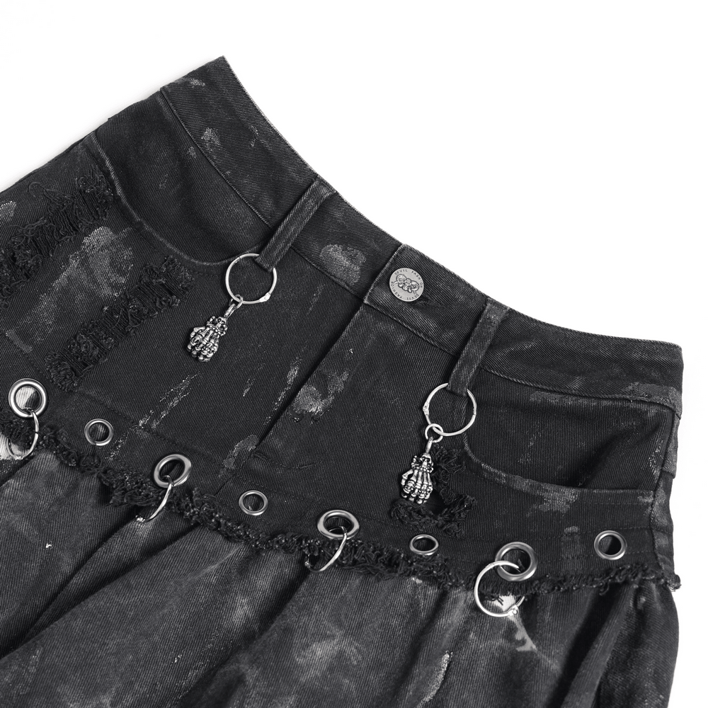 Asymmetric Skirt with Rings and Frayed Hem for Women, black gothic punk skirt with metal rings, distressed fabric and dangling charms