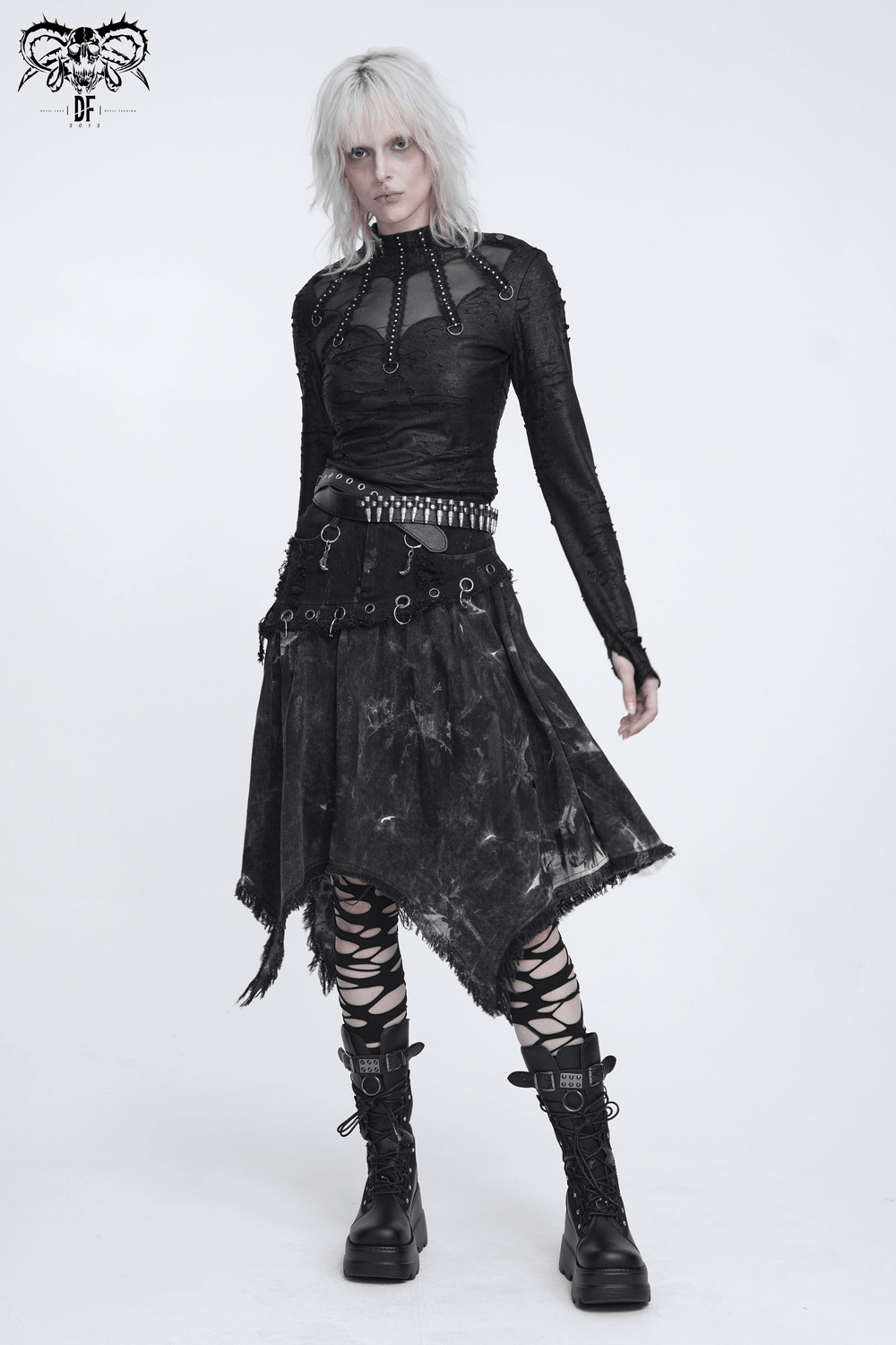 Asymmetric Skirt with Rings and Frayed Hem for Women, gothic black punk style with distressed pleats and metal rings