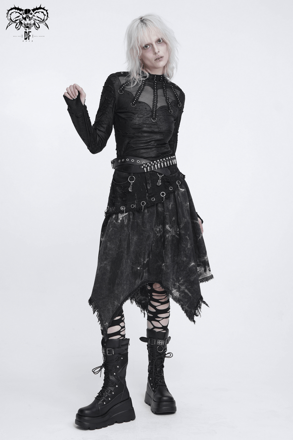 Asymmetric Skirt with Rings and Frayed Hem for Women in black gothic punk style with distressed details