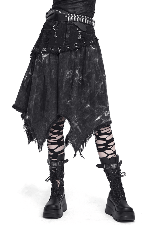 Asymmetrischer Rock mit Ringen und ausgefranstem Saum für Damen
