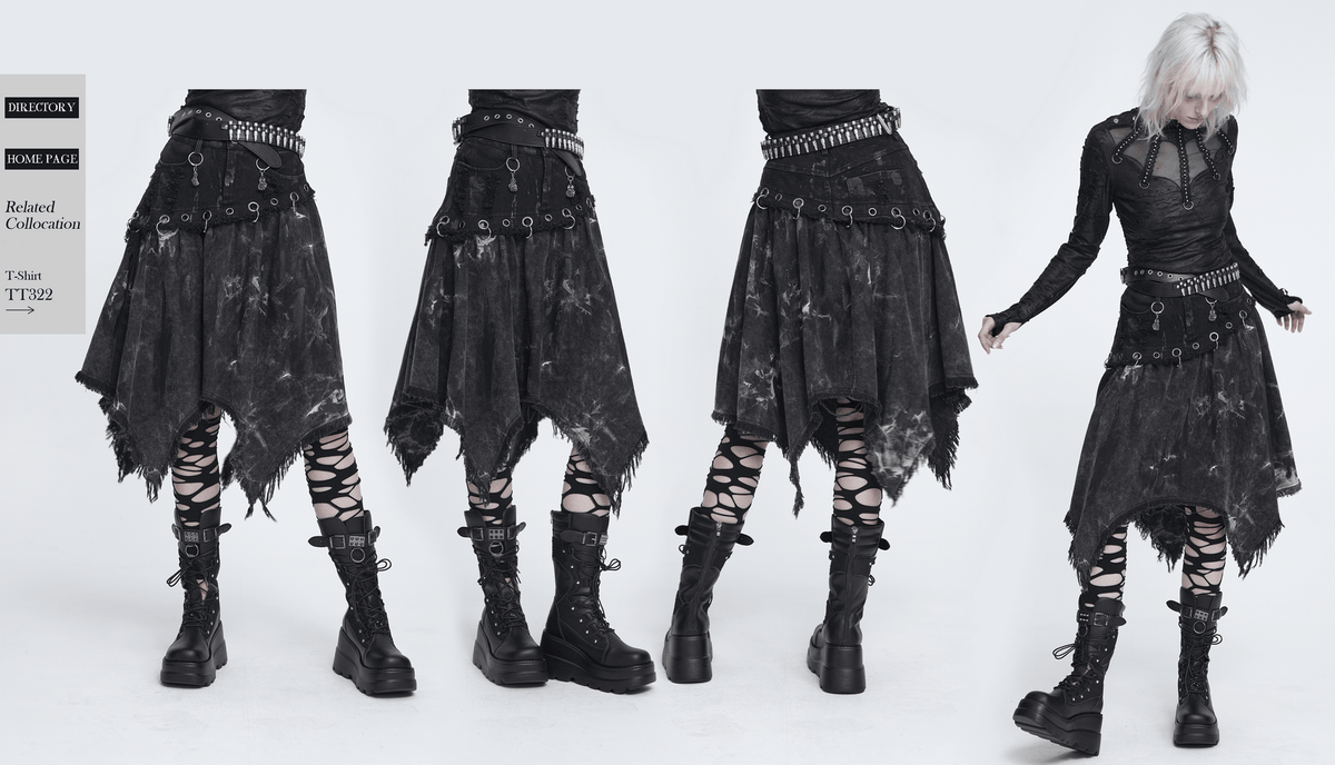 Asymmetric Skirt with Rings and Frayed Hem for Women, gothic punk black skirt with metal rings and distressed hem