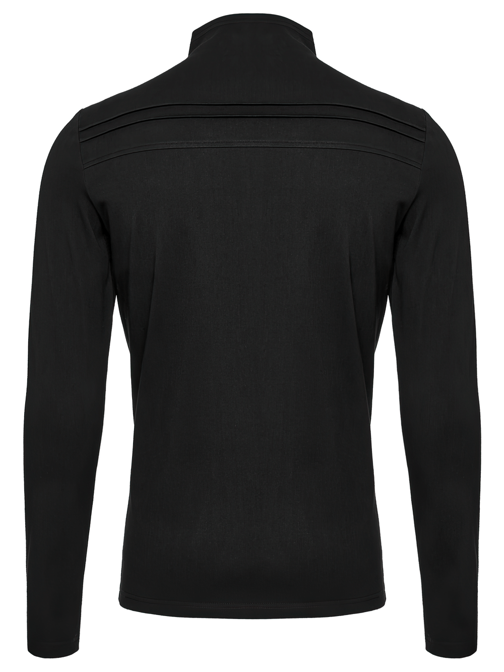 Back view of asymmetric zipper denim sweatshirt with stand collar and 3D pleating, showcasing dark punk style.