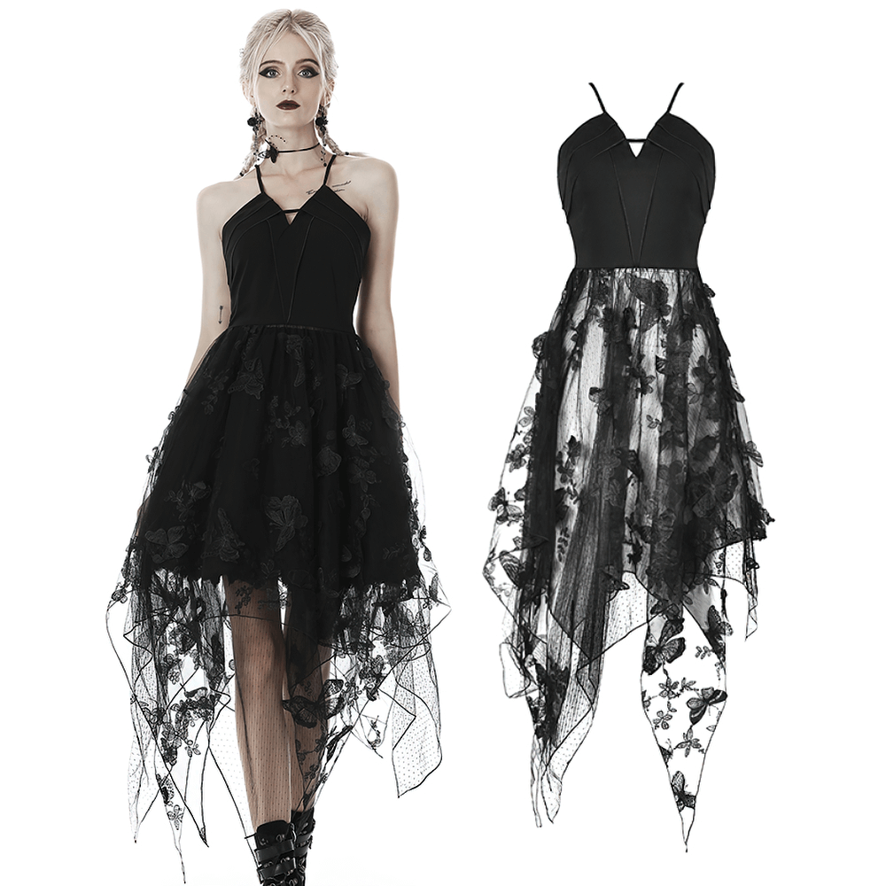 Asymmetrical black dress with butterfly straps and floral embroidery, showcasing dark elegance and unique style.