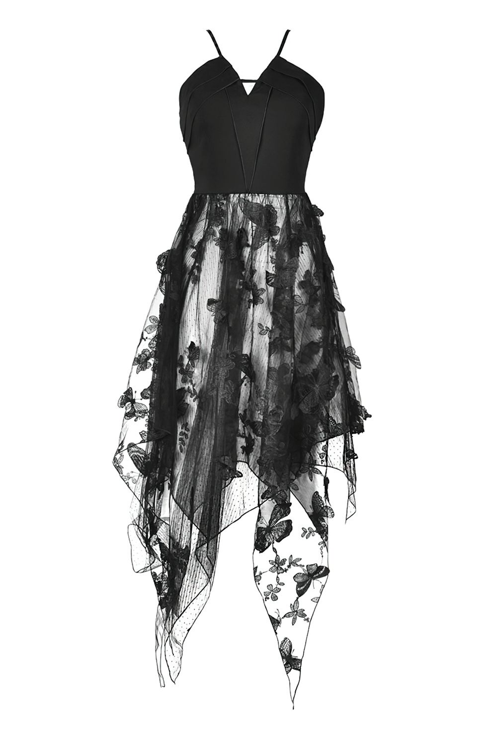 Asymmetrical black dress with butterfly straps and floral embroidery for a gothic look.