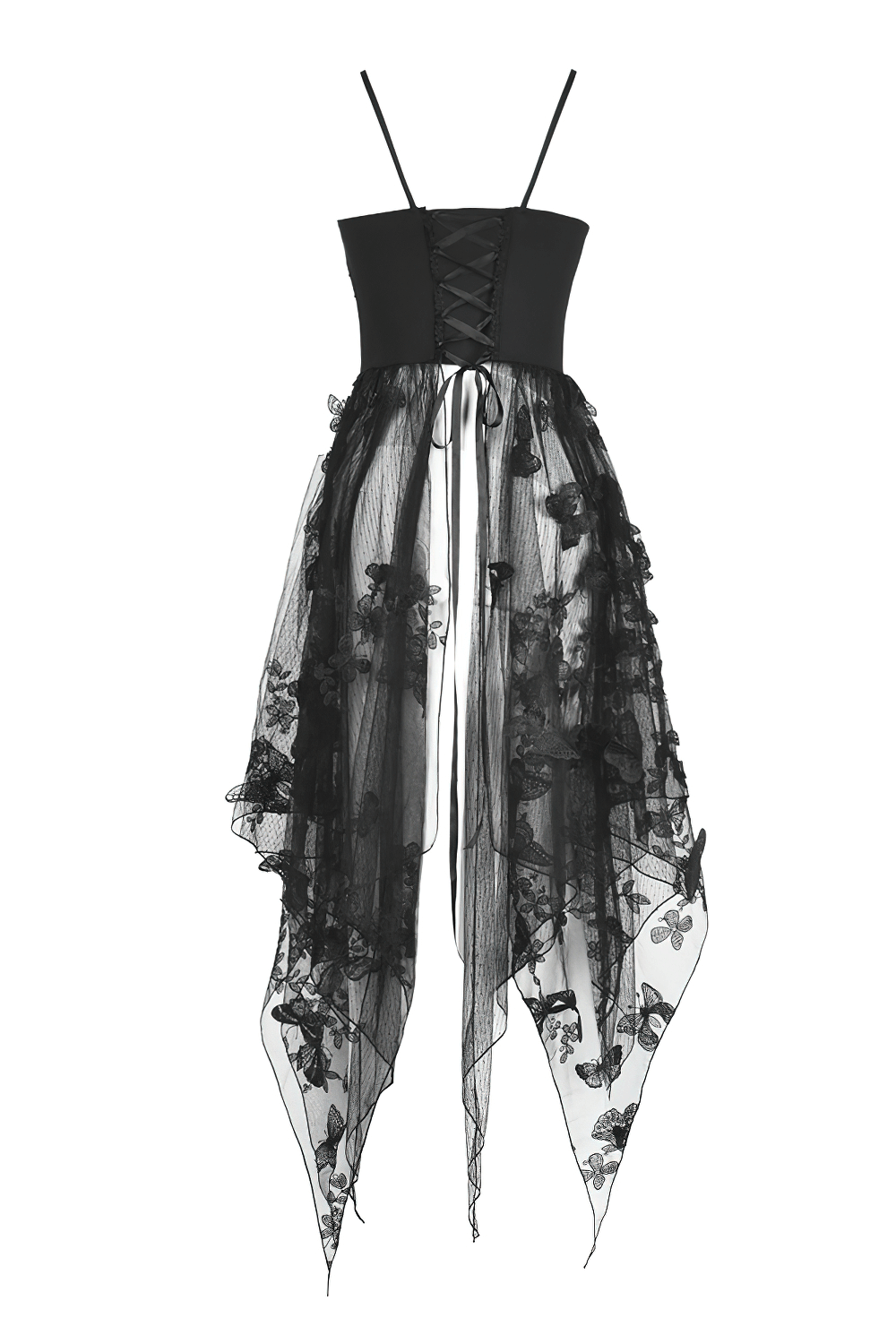 Asymmetrical black dress with butterfly straps and floral embroidery for a gothic chic look.