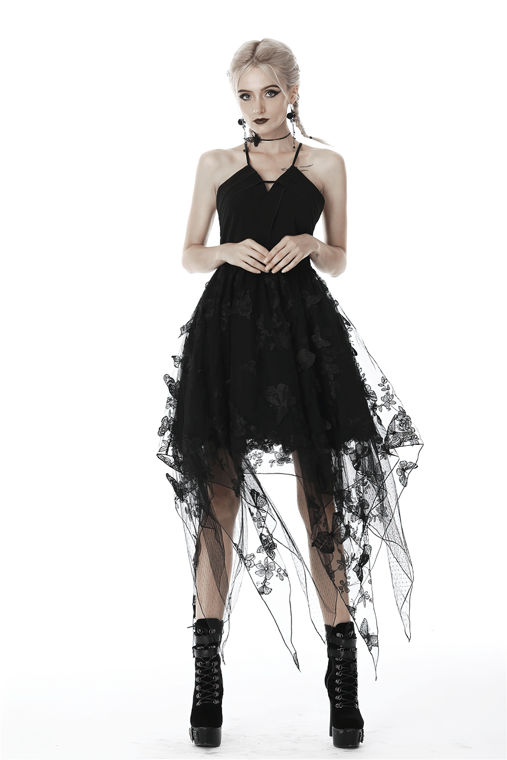 Gothic dress with butterfly straps, floral embroidery, and asymmetrical hem, perfect for a night out.