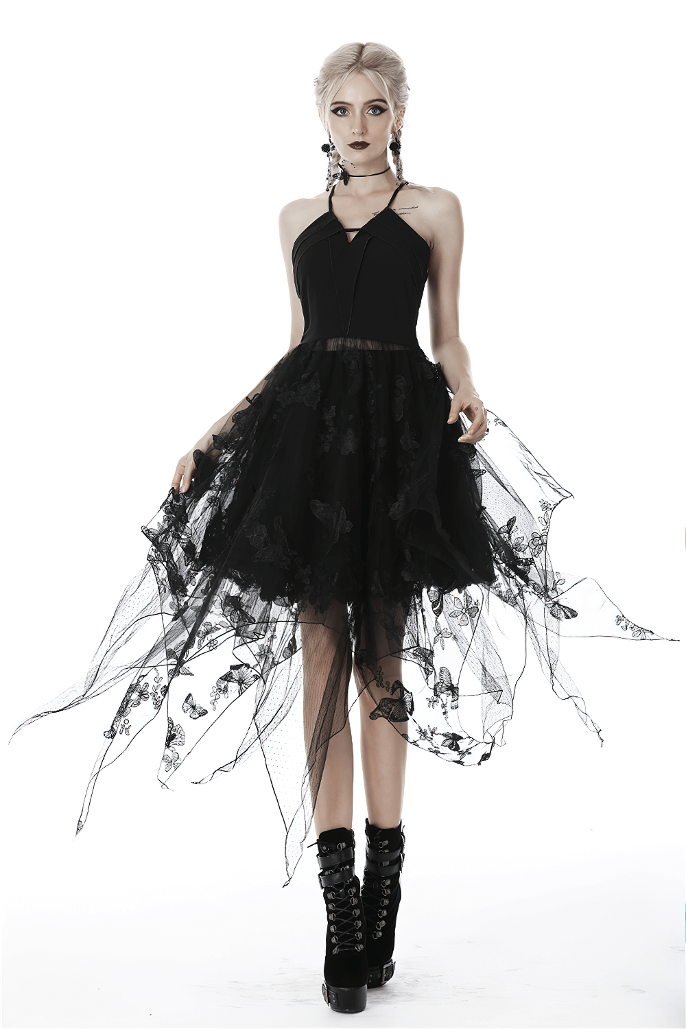 Asymmetrical black dress with butterfly straps and floral embroidery, perfect for a gothic night out.