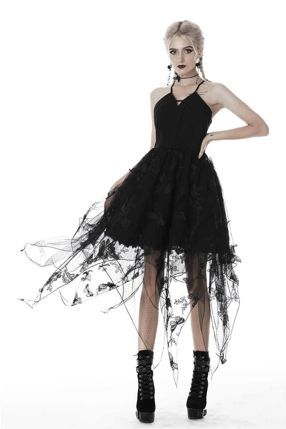Asymmetrical black dress with butterfly straps and floral embroidery, perfect for a gothic night out.