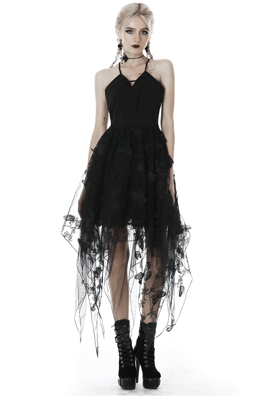 Gothic asymmetrical dress with butterfly straps, floral embroidery, and edgy black tulle for a striking evening look.