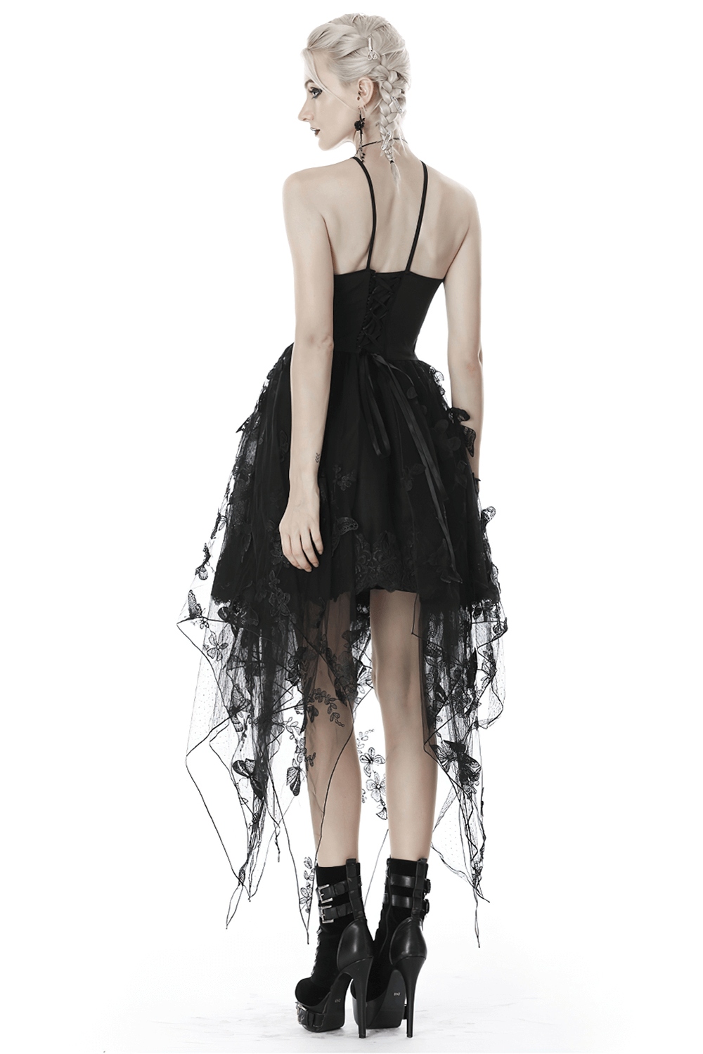 Back view of asymmetrical black dress with butterfly straps and floral embroidery, perfect for a gothic look.