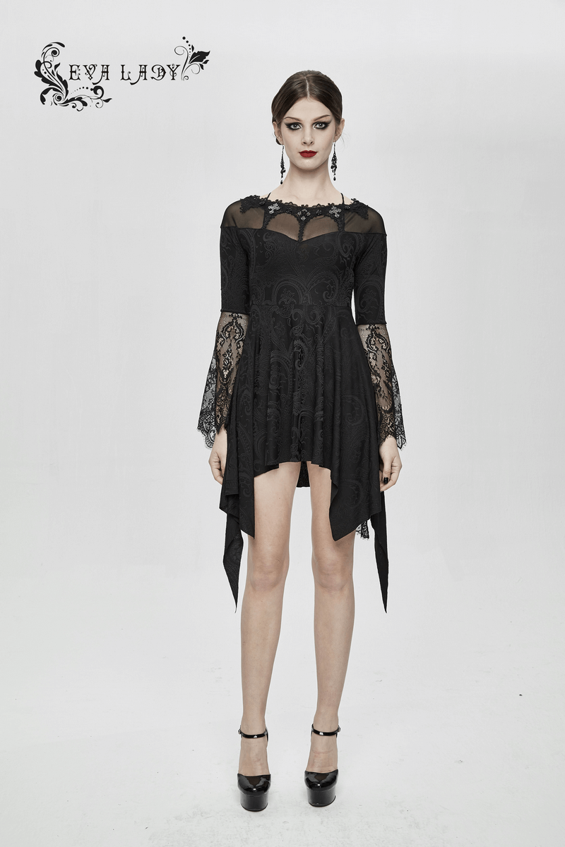 Asymmetrical gothic lace dress featuring silver crosses and long sleeves, perfect for a romantic, edgy look.