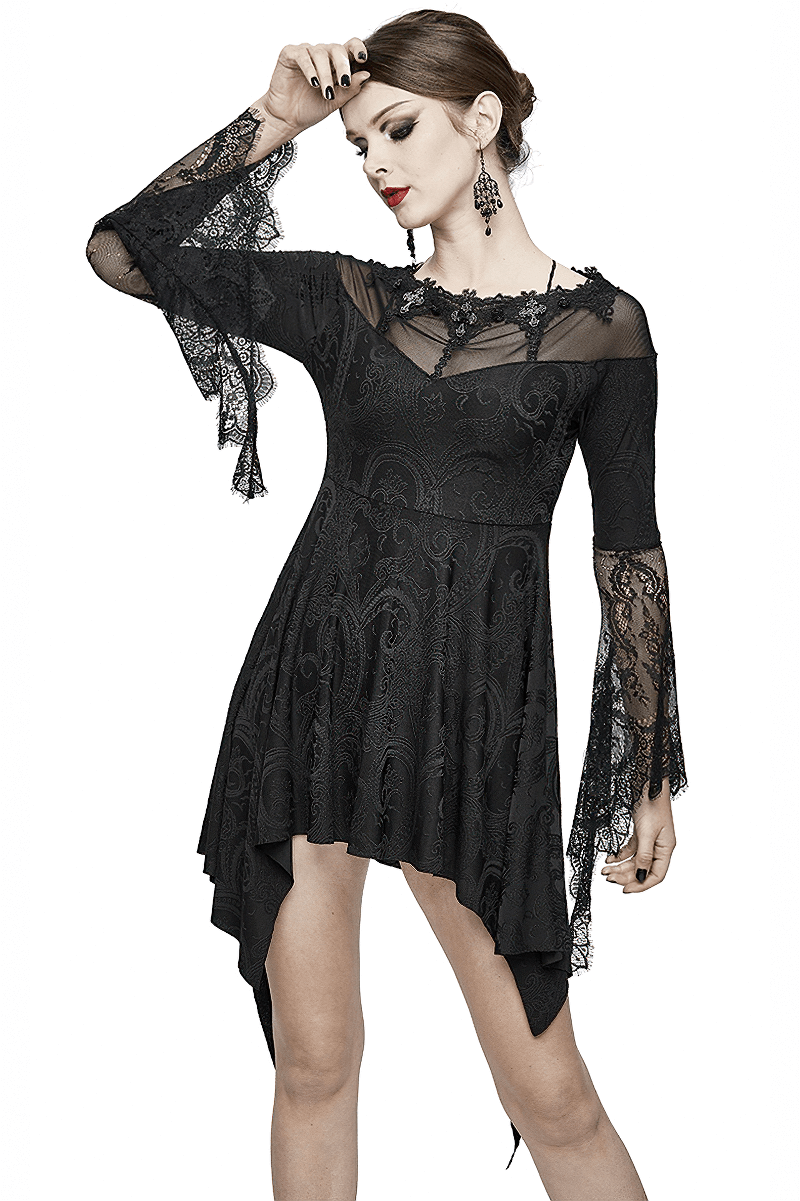 Asymmetrical black lace gothic dress with long sleeves and fringe details, perfect for a romantic look.