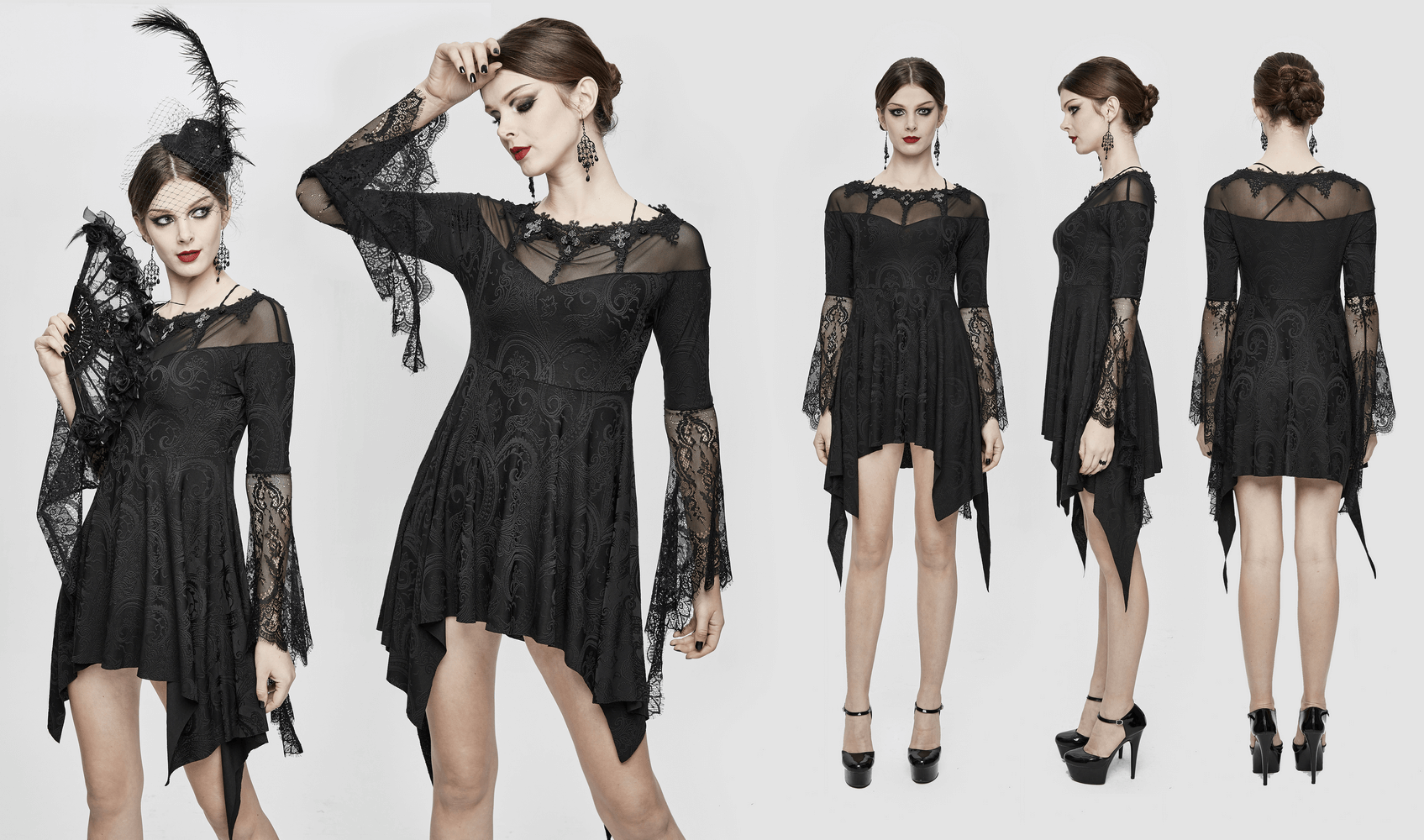 Asymmetrical black lace dress with long sleeves, featuring gothic elegance and silver crosses, perfect for romantic occasions.