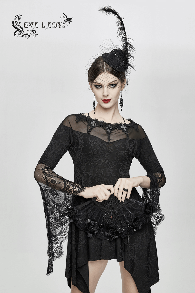 Gothic asymmetrical black lace dress with long sleeves, stylish fringe, and elegant accessories.