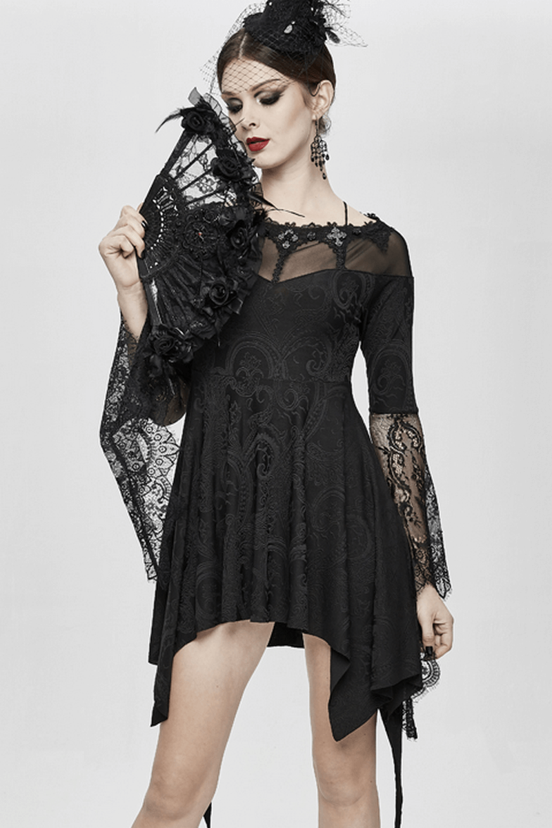 Asymmetrical black lace gothic dress with romantic long sleeves and elegant fringe details.