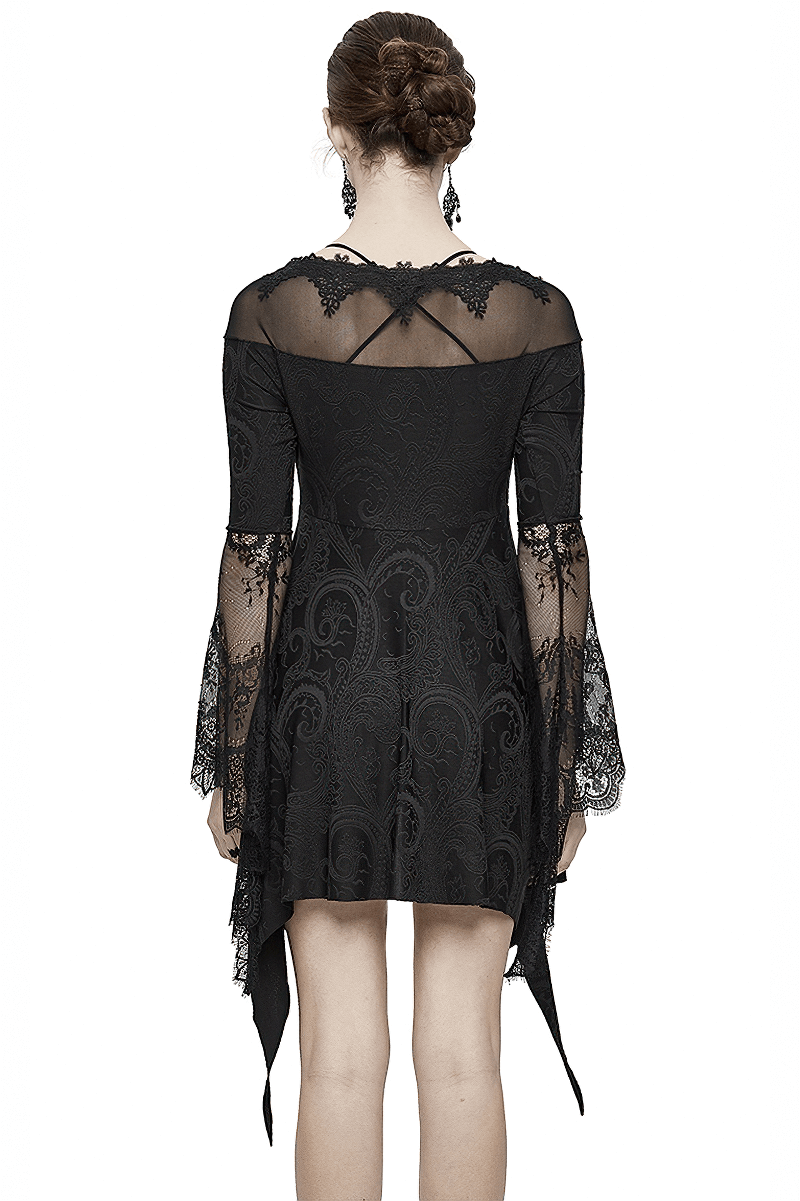 Asymmetrical Gothic Lace Dress with Silver Crosses / Romantic Long Sleeve Fringe Dress - HARD'N'HEAVY