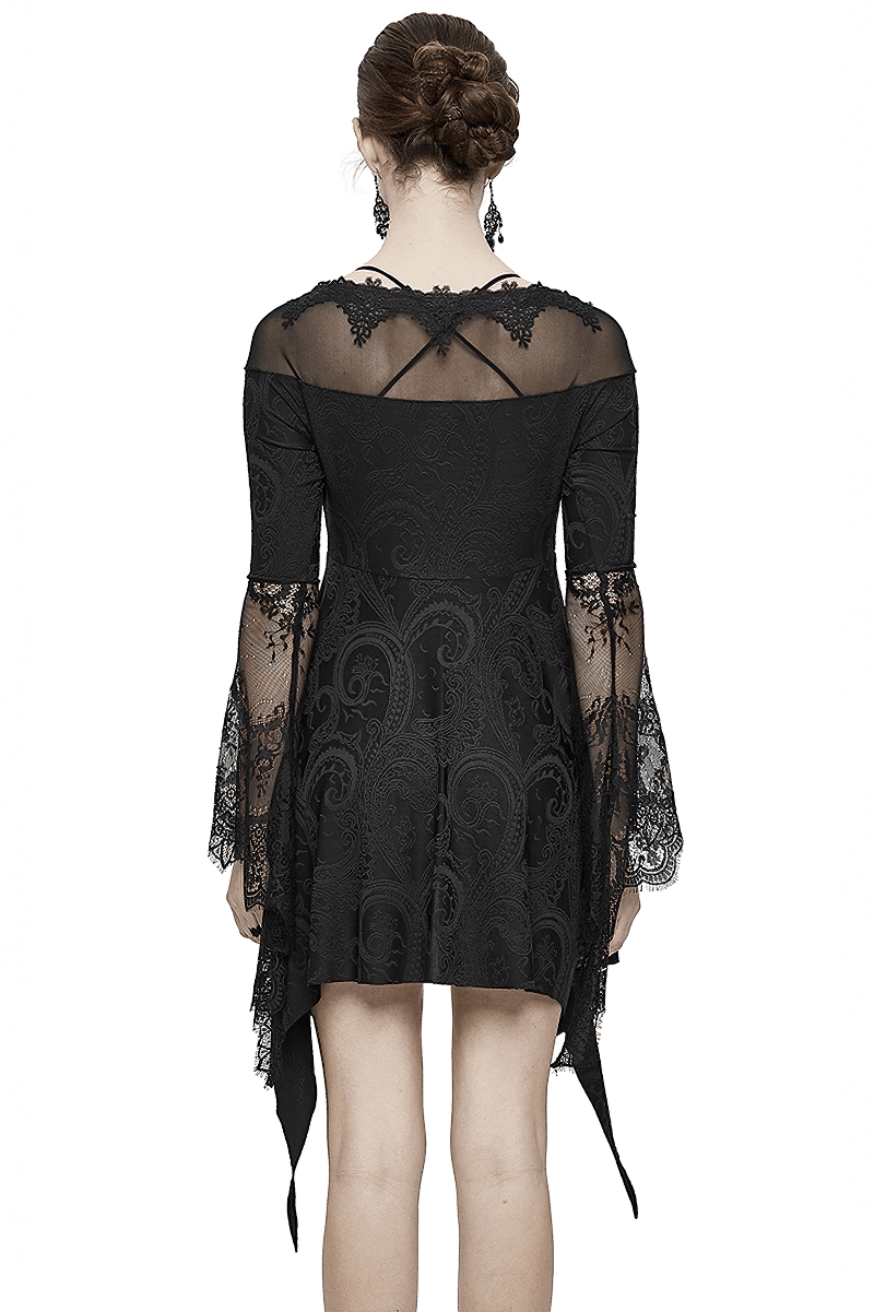 Back view of women's asymmetrical gothic lace dress featuring silver crosses and romantic long sleeves.