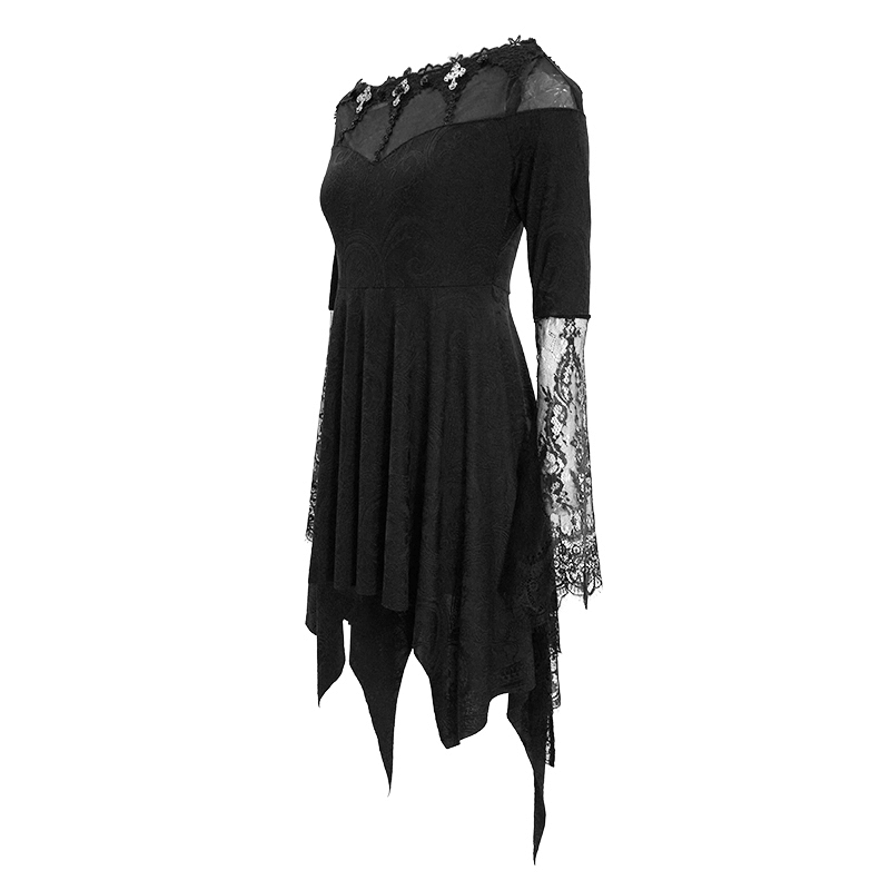 Asymmetrical black lace dress with silver crosses, long sleeves, and gothic romantic style.
